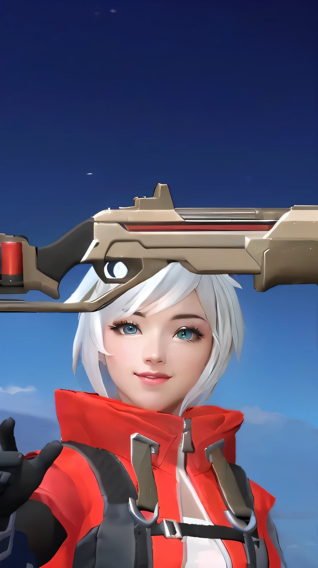 a close up of a person holding a gun on a pole, ashe, echo from overwatch, overwatch style, from overwatch, overwatch inspired, as an overwatch character, overwatch skin, ashe from overwatch, aiming, as overwatch character, overwatch design, halfbody headshot, character close up, jett from valorant, inspired by Leng Mei, shooting pose, overwatch character