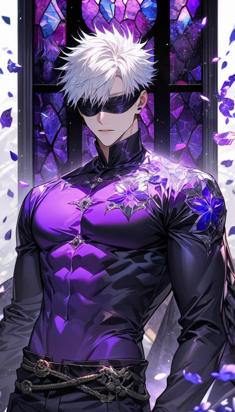 absurdres, highres, ultra detailed, HDR, masterpiece, extremely detailed face and eyes, Gojo Satoru, white hair, black blindfold over the eyes, Jujutsu Kaisen, solo, sexy man, handsome, black clothes, toned chest, purple butterflies, purple petals, purple flowers, blue lightning