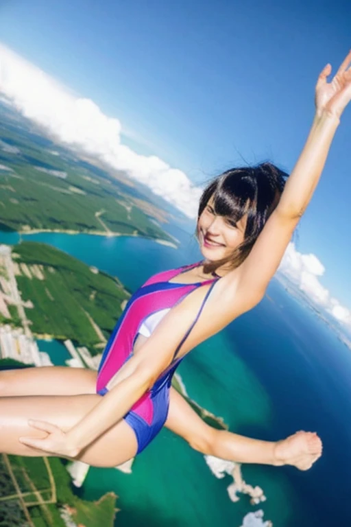 A beautiful woman in her late twenties with a bob cut is skydiving4000Meters)、She is sensual、Micro Bikini、very sexy swimsuit、They spread their arms and legs、Looks like you're having a lot of fun.!