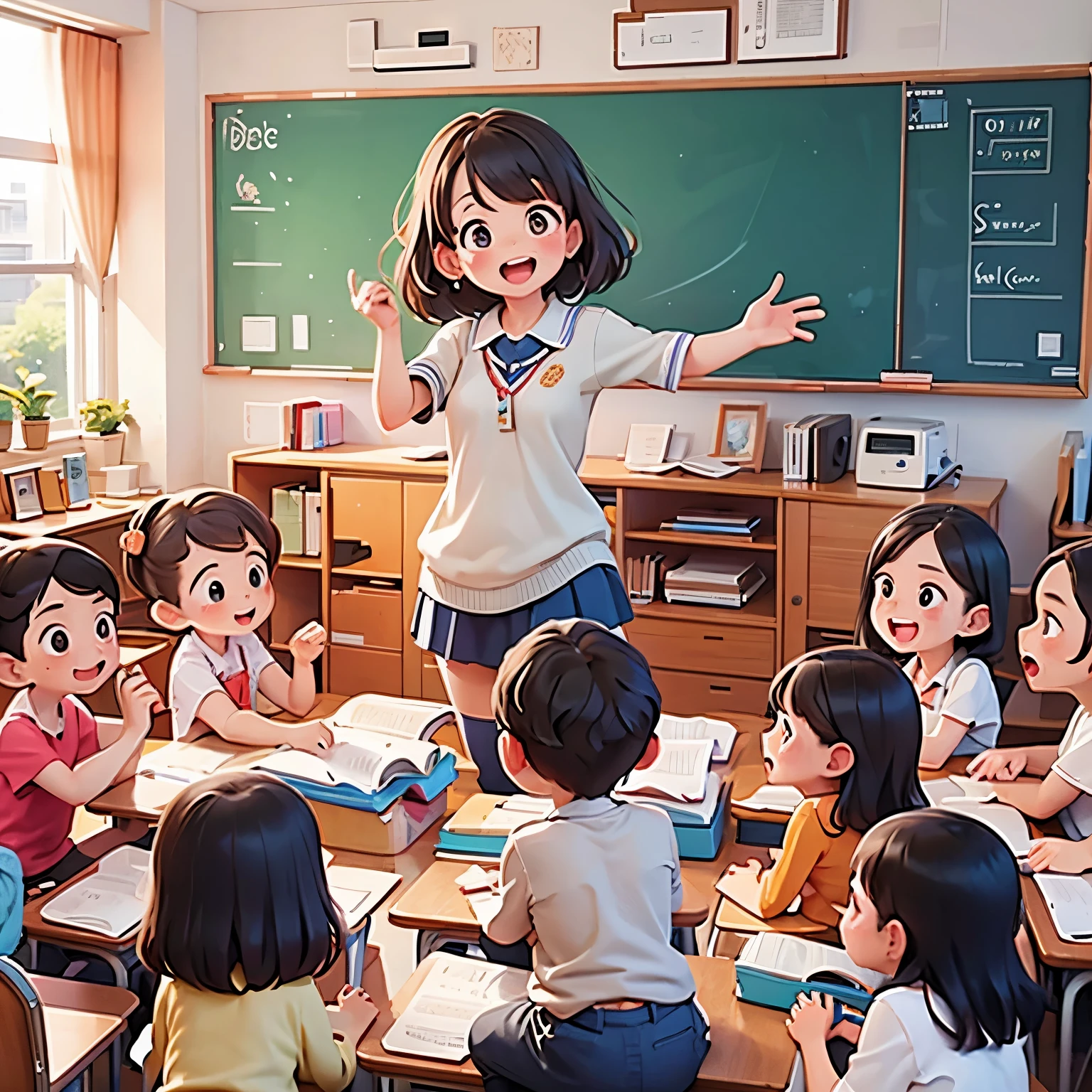 masterpiece)teacher在classroom里,Teaching a group of children to sing,English songs,teacher,School,classroom)))Joyful atmosphere,Scene design,Classroom scene,teaching,Clean lines