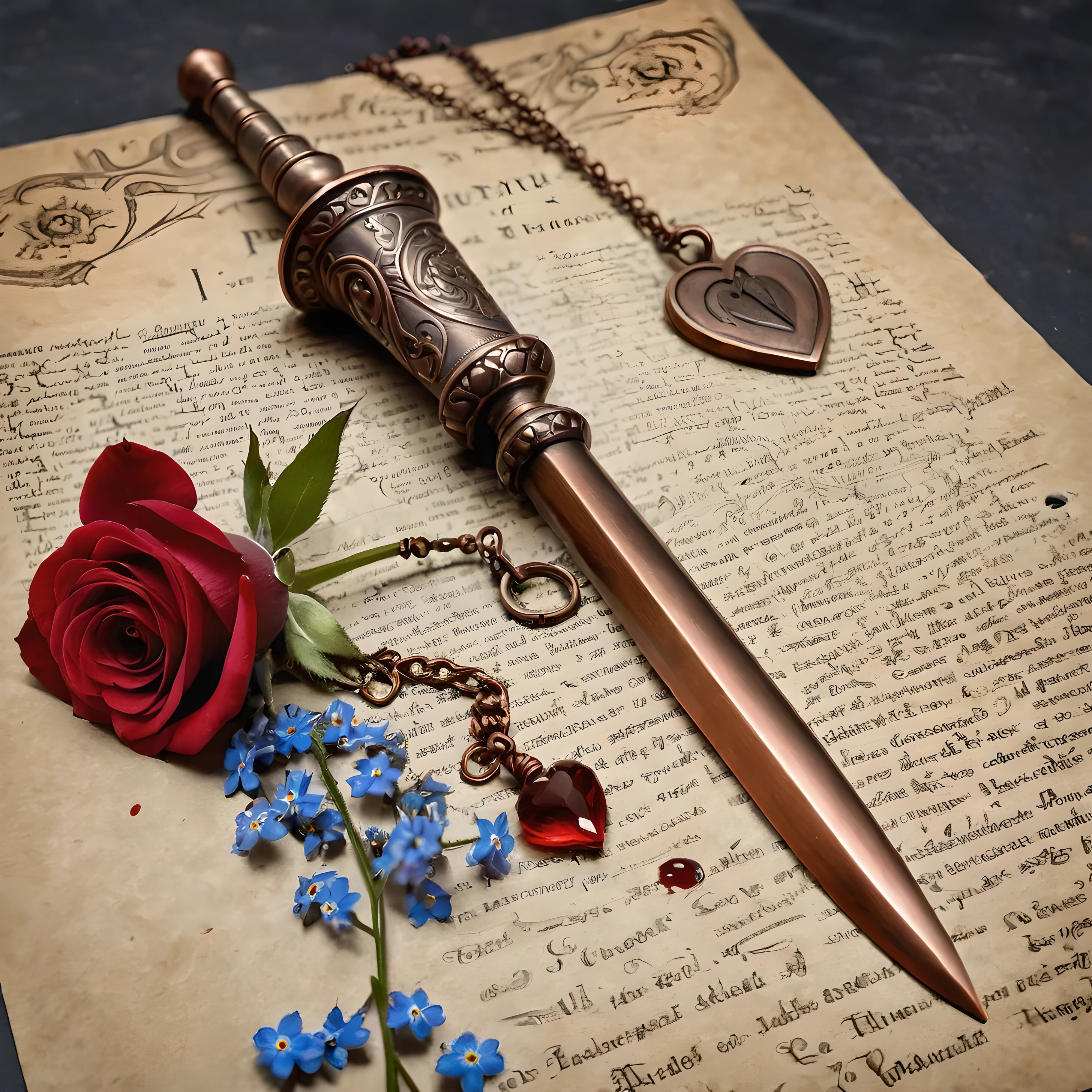 old style copper pendulum, on one side are forget-me-nots, on the other side there is one rose, against the background of a photograph of a woman and a drawing of an anatomical heart and drops of blood on paper, steel sharp dagger