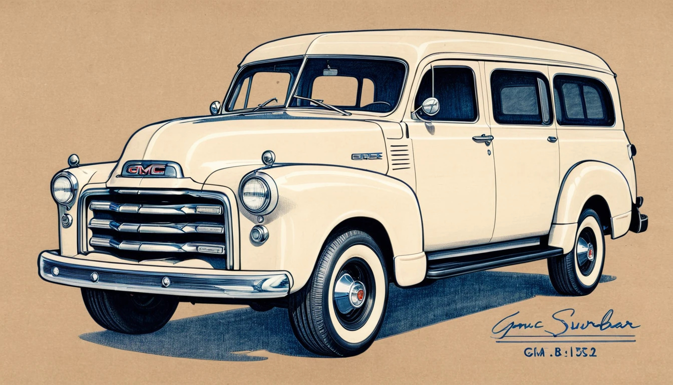 monochrome pencil drawing ,blueprint ,1952 GMC Suburban CarryAll, on kraft paper, highly detailed