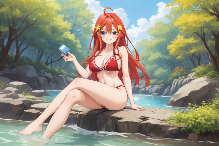 2d, masterpiece, best quality, anime, highly detailed, 5 girl, photo of 5 girl, quintuplets, nakano itsuki, red hair, long hair, star hair ornament, ahoge, large breasts, spa, red bikini, outdoors, smile, full body, sexy body, perfect body, sitting crossed legs