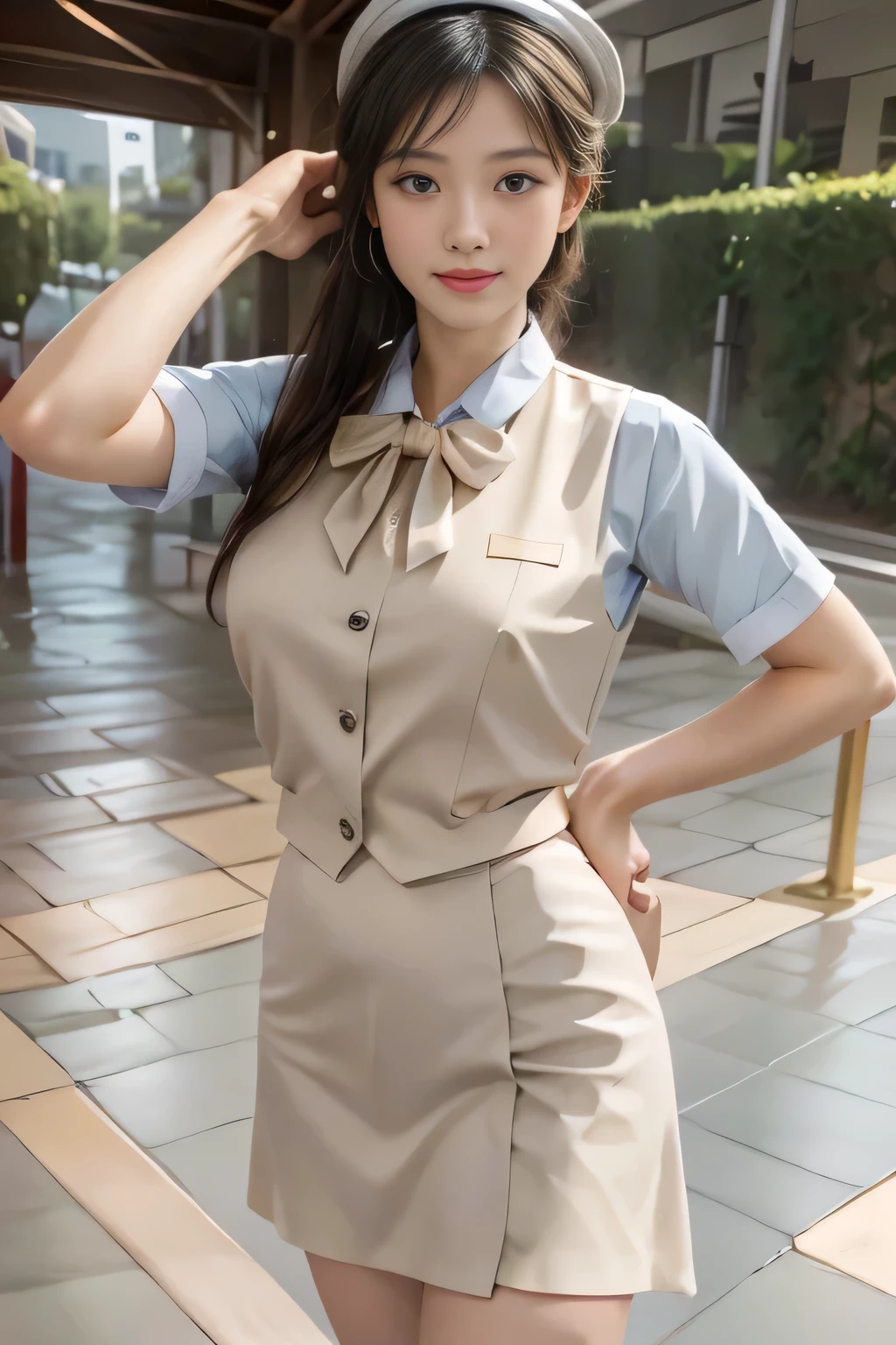 (Realistic:1.3), In detail, quality, Rembrandt Lighting, (masterpiece:1.2), (photoRealistic:1.2), (best quality), (Detailed skin:1.3), (Intricate details), dramatic, Ray Tracing,One girl, , Great photos with beautiful saturation, Ultra-high resolution,(Realistic:1.4)),(highest quality, masterpiece), Deep Shadow, Pale skin, shade, Very detailed, Breaking Depth of Field, Film Grain, Wrinkled skin,, masterpiece,ultra Realistic,32k,Very detailed CG Unity 8k wallpaper、（Wearing the Train Crew Uniform）、（Wearing a beige uniform２０Old female flight attendant）, Big Breasts、A proper woman, Beautiful Face, Dark brown hair, (Long hair down to the waist),Tie your hair with a rubber band、 (Beige vest:1.1, Blue blouse:1.05, Beige mini culottes skirt:1.1)、Beige high-backed cap、pantyhose、pumps, Perfect slim body:1.1, Detailed skin texture, Beautiful Eyes, (Attractive look:1.2), (Background of the station platform, Bright lighting),Full Body Shot、Thin legs、Dark brown hair、Beautiful standing posture、（（Fine hand：2.0）），（（Harmonious body proportions：1.5）），（（Normal limbs：2.0）），（（Normal finger：2.0）），（（Delicate eyes：2.0）），（（Normal eyes：2.0））