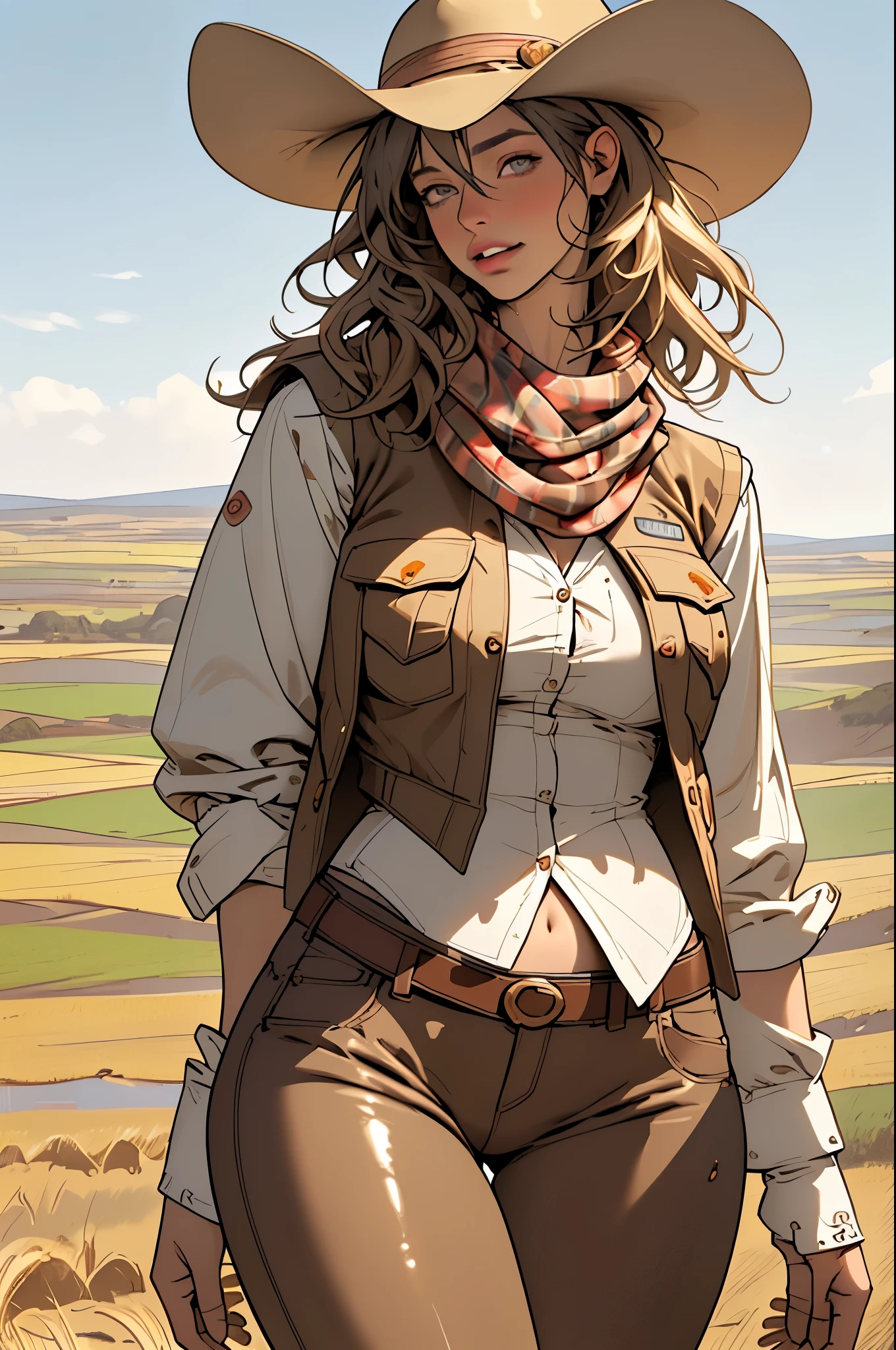 (highest quality, Super detailed, realistic:1.37), outdoor, girl, muddy, detailed and beautiful eyes, beautiful detailed lips, cowboy hat, vest with fringes, slim waist, round hips, shapely thighs, thigh gap, show belly, pants, scarf, With confidence, middle of chest, dusty farm landscape, golden hour lighting