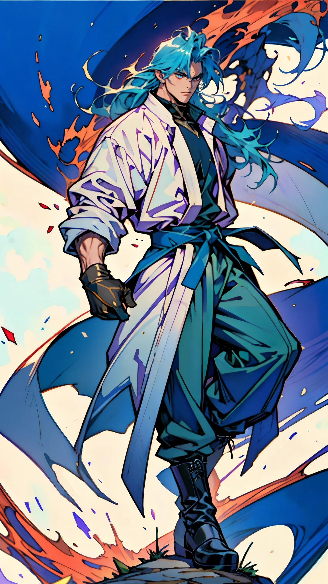 A man with medium-length teal blue long hair, middle part bangs, determined gaze, nordic ethnicity, well-defined facial features, calm expression, sturdy physique, a fantasy-style white long coat with purple-blue patterns, asymmetrical hem, a black belt, gloves, fabric trousers, leather boots, blue and red energy swirling around him, impacting the grassland with their diffused aura, this character embodies a finely crafted fantasy martial arts-style hero in anime style, exquisite and mature manga art style, high definition, best quality, highres, ultra-detailed, ultra-fine painting, extremely delicate, professional, perfect body proportions, golden ratio, anatomically correct, symmetrical face, extremely detailed eyes and face, high quality eyes, creativity, RAW photo, UHD, 32k, Natural light, cinematic lighting, masterpiece-anatomy-perfect, masterpiece:1.5