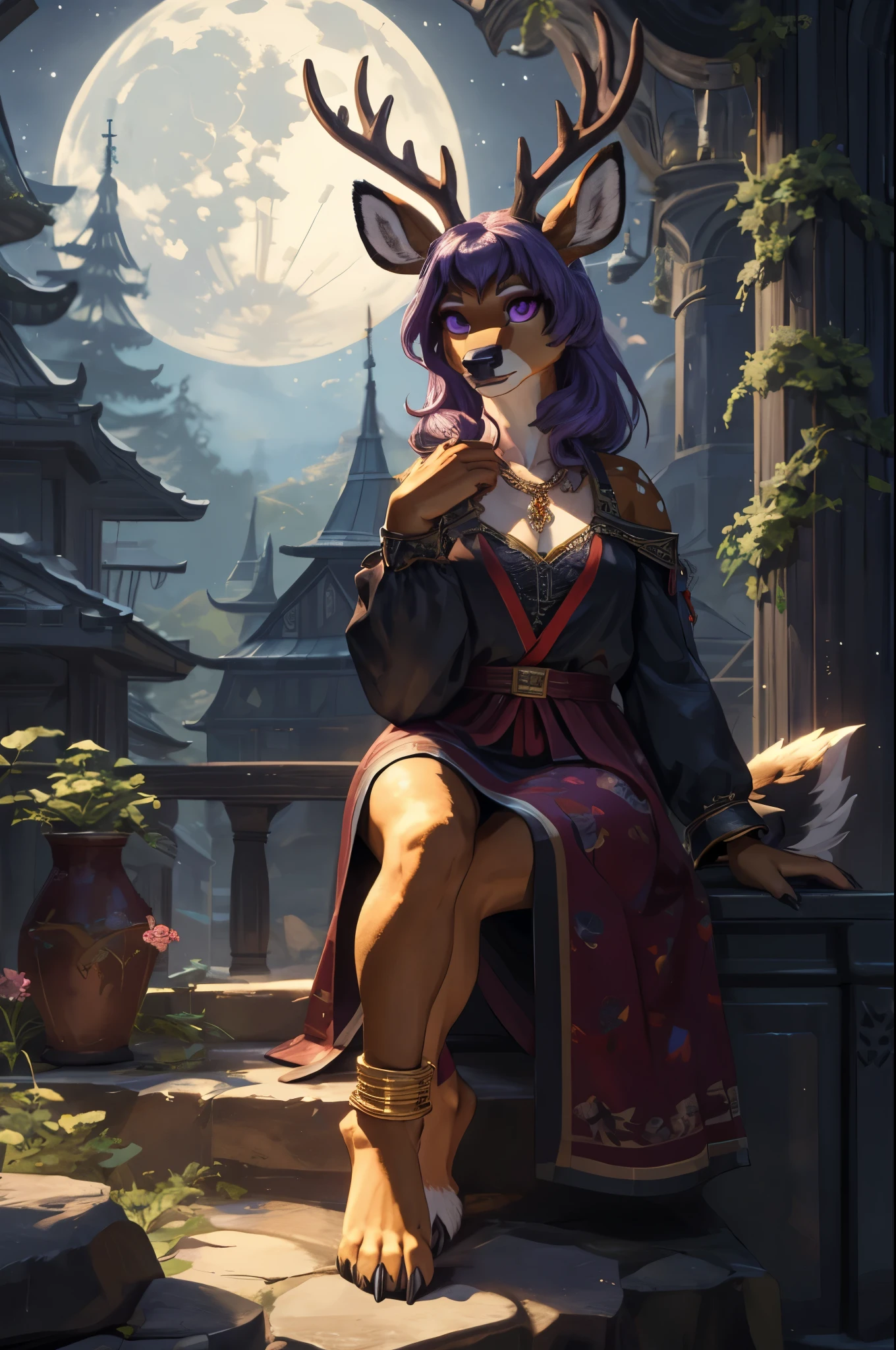 (((Barefoot furry character, full body, cinematic setting, furry female, plantigrade, golden anklets)))
graceful and enigmatic ((deer)) anthro with deep ((purple fur)) and captivating ((violet eyes)). Dressed in flowing, dark robes with belladonna flower motifs. The figure sits barefoot and showing ((nice feet soles)) in a moonlit forest surrounded by eerie nightshade plants, with ripe berries and ethereal moonlight casting shadows. The atmosphere evokes mystery and danger.
BREAK, detailed background, 8K, (masterpiece:1.5), intricate details, highly detailed, extreme detail, octane render, fine art, best quality, highres, (detailed face:1.5), ((full_body)), UHD, (((perfect hands))), low light