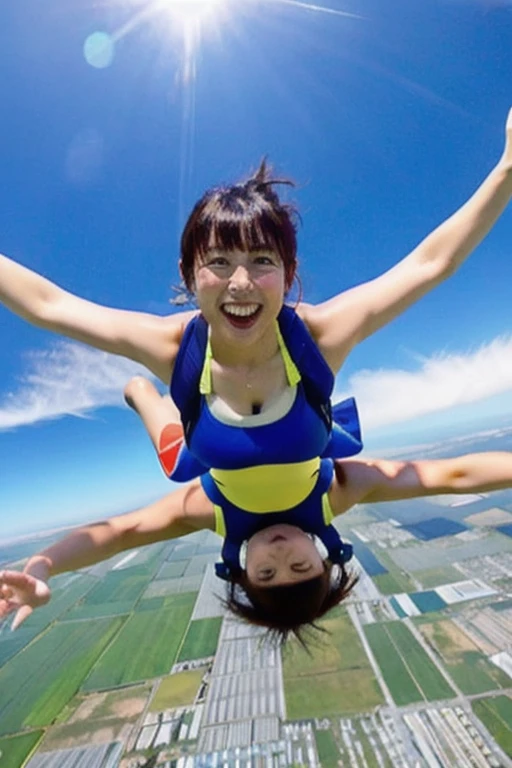 A beautiful Japanese woman in her late 20s with a bob cut is skydiving in the sky４０００Meters、She is sensual、Micro Bikini、Very sexy swimsuit、She has her arms and legs spread wide and is having so much fun.！Clear focus