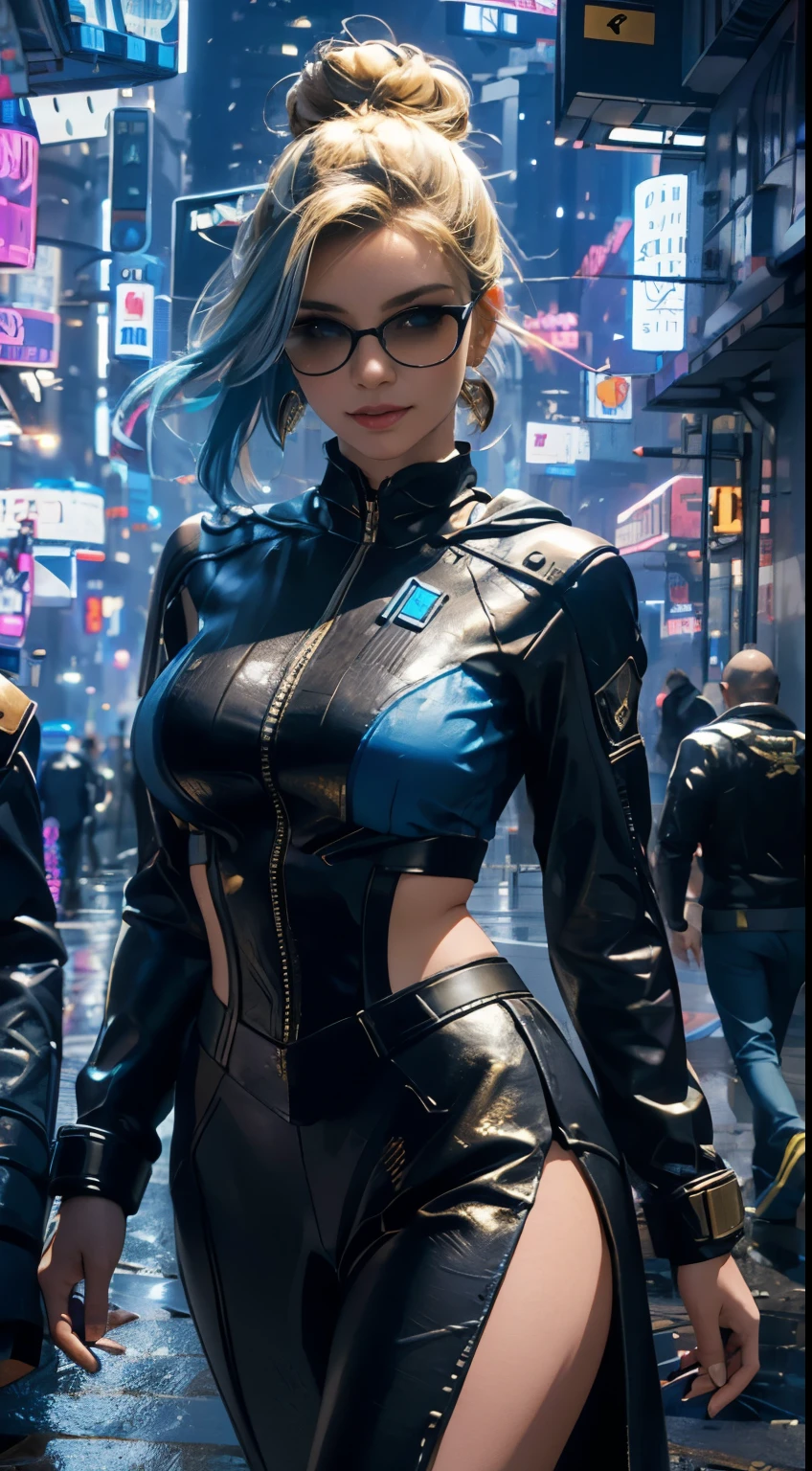 Masterpiece, Maximum Quality, extra high resolution, 8K, A girl,beautiody,21 old years,light skin, extremely beautiful, ((Wheat-colored leather)), Odin,bust portrait,Cyberpunk outfit, extremely detailed face, Detailed eyes, mischievous smile, cheerful, foto realista, Absolutely realistic, Human pellet, studio lightning,golden ratio body, wide hips,perfect foots, big ass,Blue hair, Double buns,Grey clothes,D cup breasts,In Cyberpunk City,cyberpunk city background,((night time)),Sateen,Walking
