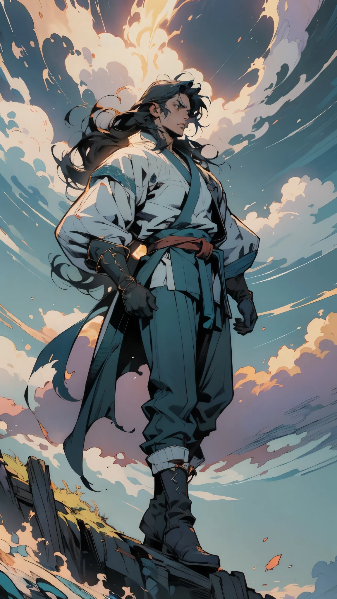 A man with medium-length teal blue long hair, middle part bangs, determined gaze, nordic ethnicity, well-defined facial features, calm expression, sturdy physique, a fantasy-style white long coat with purple-blue patterns, asymmetrical hem, a black belt, gloves, fabric trousers, leather boots, blue and red energy swirling around him, impacting the grassland with their diffused aura, this character embodies a finely crafted fantasy martial arts-style hero in anime style, exquisite and mature manga art style, high definition, best quality, highres, ultra-detailed, ultra-fine painting, extremely delicate, professional, perfect body proportions, golden ratio, anatomically correct, symmetrical face, extremely detailed eyes and face, high quality eyes, creativity, RAW photo, UHD, 32k, Natural light, cinematic lighting, masterpiece-anatomy-perfect, masterpiece:1.5