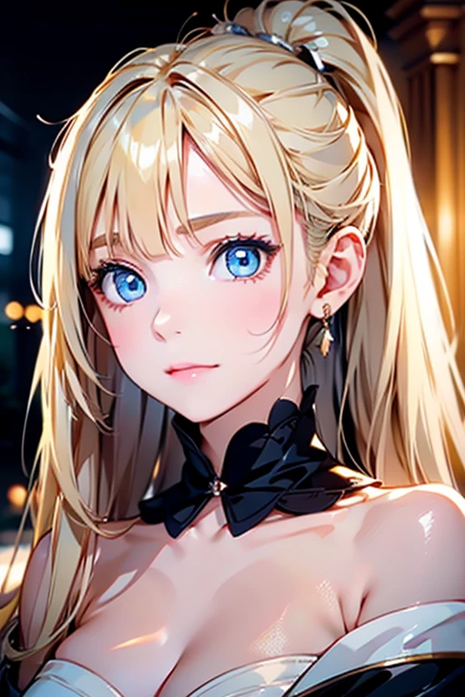 Portrait、、Bright expression、ponytail、Young, shiny, white, glossy skin、Gloss Face、Shining Cheek Gloss、Small Face Beauty、The best beauty、The dazzling light of blonde hair、Bright blonde hair with dazzling highlights、Very beautiful shiny light blonde hair、super long silky straight hair、Her shiny, beautiful bangs are covering her eyes.、Sparkling, clear, attractive, bright, large, pale blue eyes、Very big eyes、eyeliner、very beautiful lovely cute girl、Ample Bust, full body