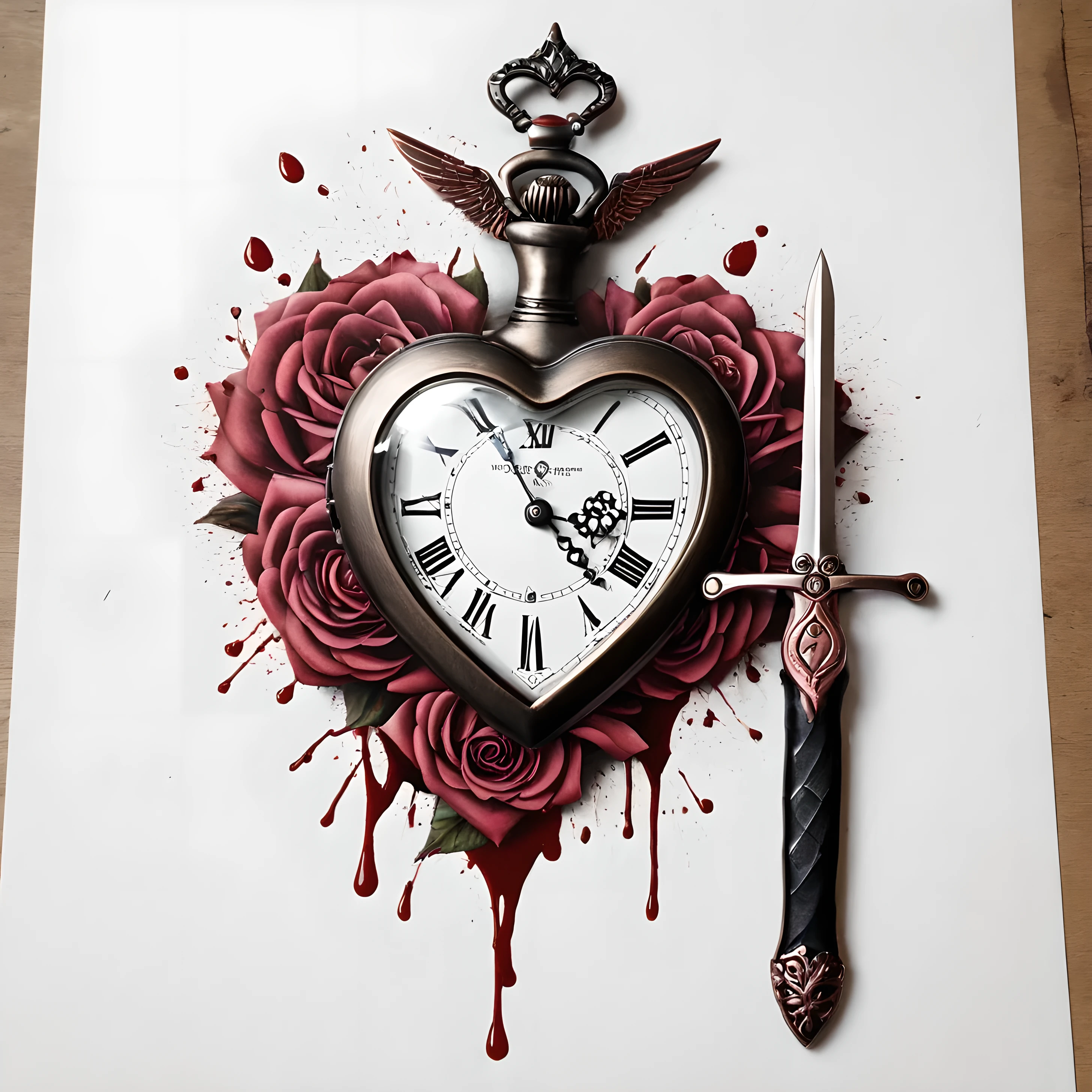 old style copper pendulum, on one side are forget-me-nots, on the other side there is one rose, pocket watch, against the background of a photograph of a woman and a drawing of an anatomical heart and drops of blood on paper, steel sharp dagger