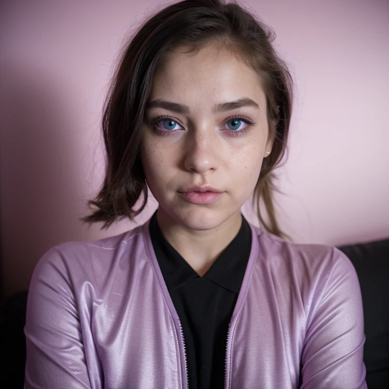 photo of a college student, in Purple Pink, futuristic space suit, (freckles:0.8) cute face, sci-fi, dystopian, detailed eyes, Heterochromia eyes