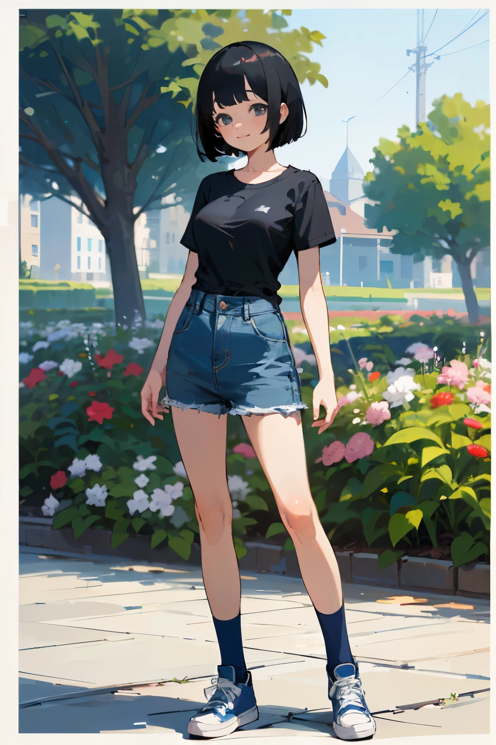 (high quality, High resolution, Very detailed, reality:1.37), Peaceful atmosphere, (Outdoor, garden), age girl standing alone, (my breasts are big.), Beautiful detail features, Cute Smile, (Black bob hair), Short sleeve shirt, Denim skirt, Blue socks, sneakers.