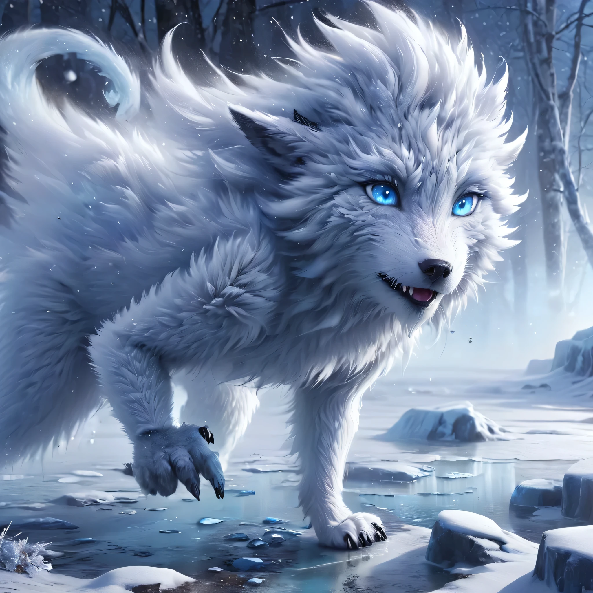 fantasy art 8k,masterpiece
pmmkr2024, creature, best quality, trending on artstation,big wolf female,white hairy,blue eyes,mist,cold,blizzard,winter breath,ice claws,looking in the camera,quadruped,calm,quiet