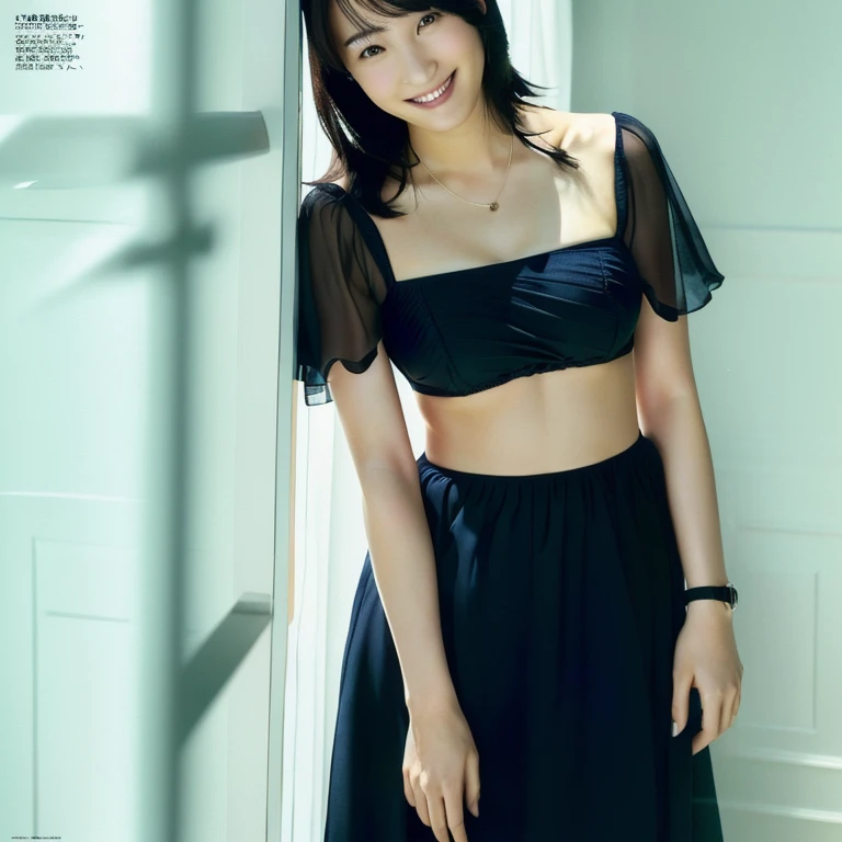 There is a woman standing in a room in a black dress, Magazine Scanning, Magazine Photos, Chiho, kimi takemura, Ishida Sui with black hair, harumi, narumi kakinouchi, magazine article, Advertising images, With a cute - lovely - face, High quality scan, Hole in the Motto, An innocent smile, A sophisticated gravure idol、((bikini:1.3))