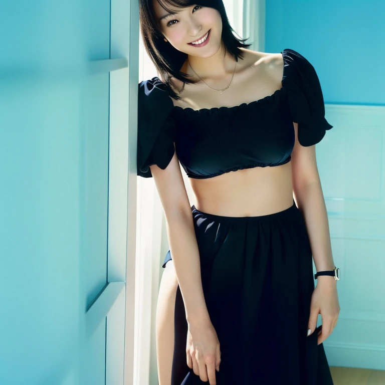 There is a woman standing in a room in a black dress, Magazine Scanning, Magazine Photos, Chiho, kimi takemura, Ishida Sui with black hair, harumi, narumi kakinouchi, magazine article, Advertising images, With a cute - lovely - face, High quality scan, Hole in the Motto, An innocent smile, A sophisticated gravure idol、((bikini:1.3))