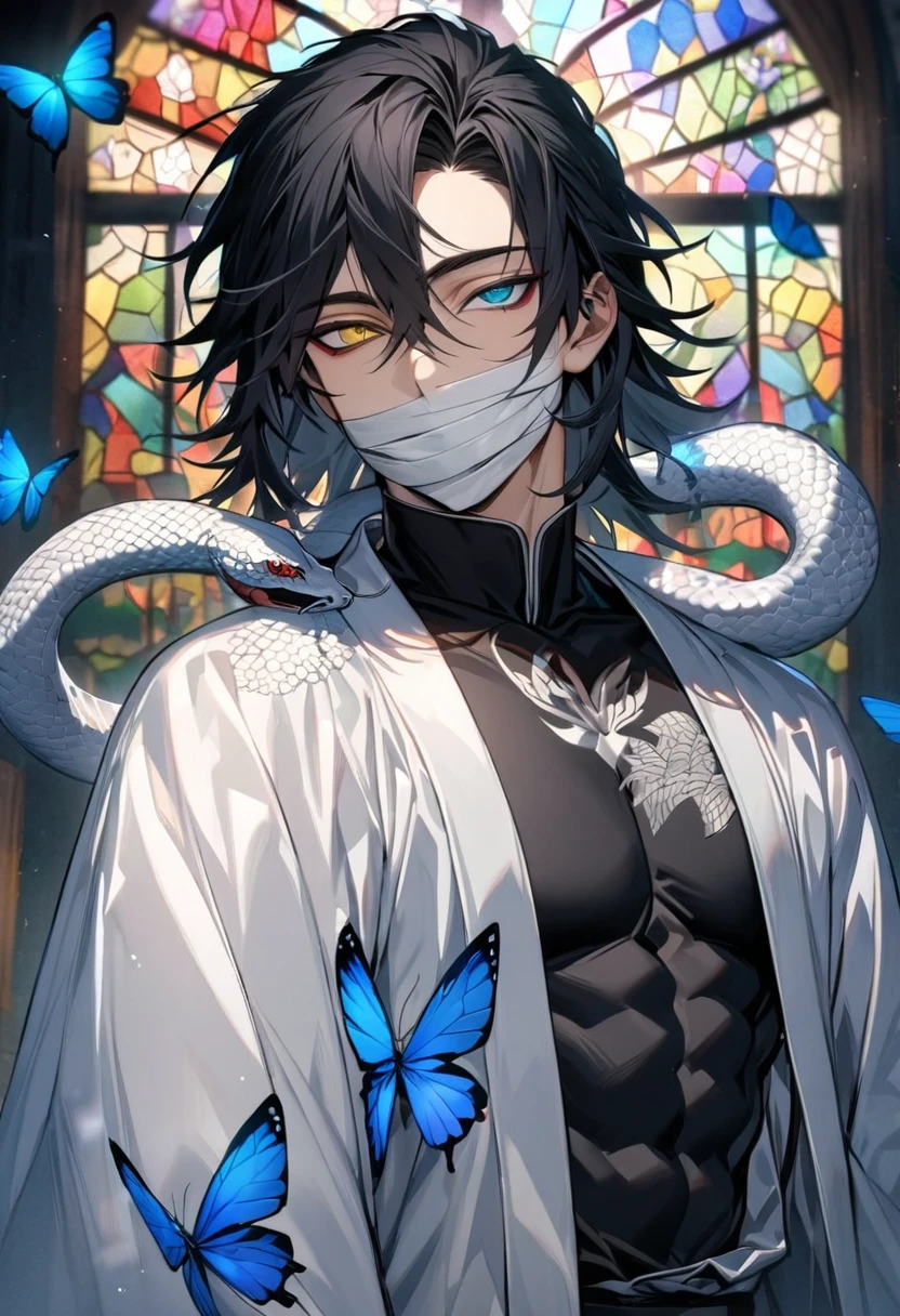 absurdres, highres, ultra detailed, HDR, masterpiece, extremely detailed face and eyes, Iguro Obanai, straight-edged black hair of varying lengths, hair between the eyes, heterochromia, right eye turquoise, bandages over his mouth, left eye yellow, Kimetsu No Yaiba, solo, sexy man, handsome, white haori, black tight shirt, patterns, toned chest, white small snake on his shoulder, stained glass, blue forest, blue butterflies, blue flowers, blue petals, shining lights