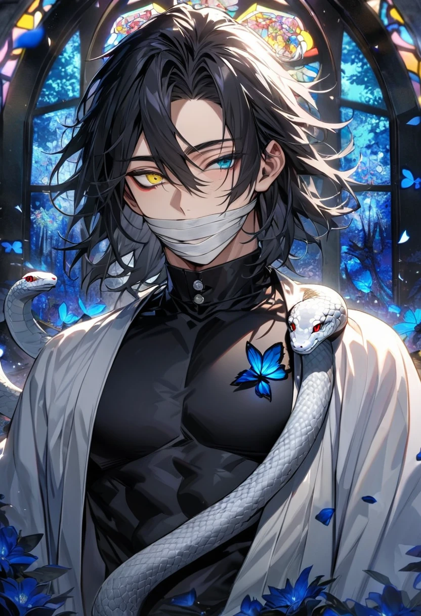 absurdres, highres, ultra detailed, HDR, masterpiece, extremely detailed face and eyes, Iguro Obanai, straight-edged black hair of varying lengths, hair between the eyes, heterochromia, right eye turquoise, bandages over his mouth, left eye yellow, Kimetsu No Yaiba, solo, sexy man, handsome, white haori, black tight shirt, patterns, toned chest, white small snake on his shoulder, stained glass, blue forest, blue butterflies, blue flowers, blue petals, shining lights