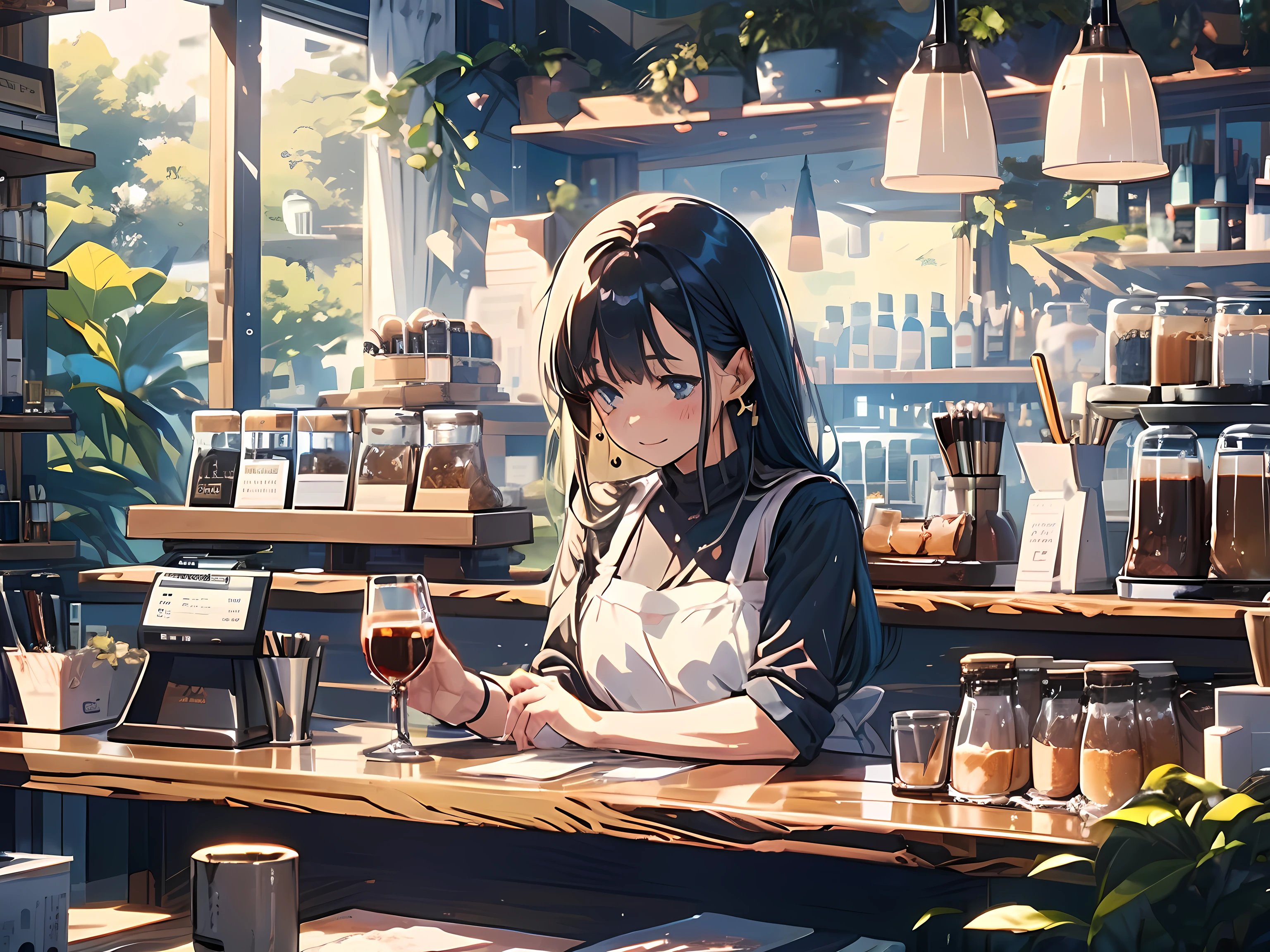 1girl, adult, dark blue hair, messy hair, medium size hair, light blue eyes, black shirt, black jeans, beige apron, working, bartender, waitress, making coffee, cafe bar, concentration, looking away, happy, cozy, chill, illustration, masterpiece, ghibli, perfection, high quality, converse shoes, behind the bar counter, doing her job, customers, sunny, black cross earrings, anime lofi, warm, gold temperature