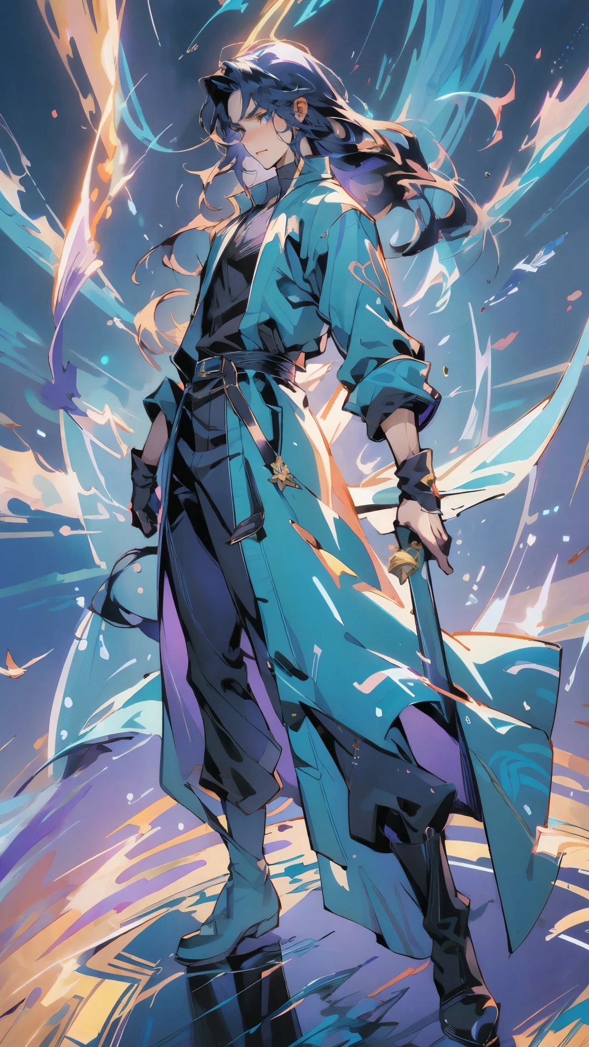 A man with medium-length teal blue long hair, middle part bangs, determined gaze, nordic ethnicity, well-defined facial features, calm expression, sturdy physique, a fantasy-style white long coat with purple-blue patterns, asymmetrical hem, a black belt, gloves, fabric trousers, leather boots, blue and red energy swirling around him, impacting the grassland with their diffused aura, this character embodies a finely crafted fantasy martial arts-style hero in anime style, exquisite and mature manga art style, high definition, best quality, highres, ultra-detailed, ultra-fine painting, extremely delicate, professional, perfect body proportions, golden ratio, anatomically correct, symmetrical face, extremely detailed eyes and face, high quality eyes, creativity, RAW photo, UHD, 32k, Natural light, cinematic lighting, masterpiece-anatomy-perfect, masterpiece:1.5