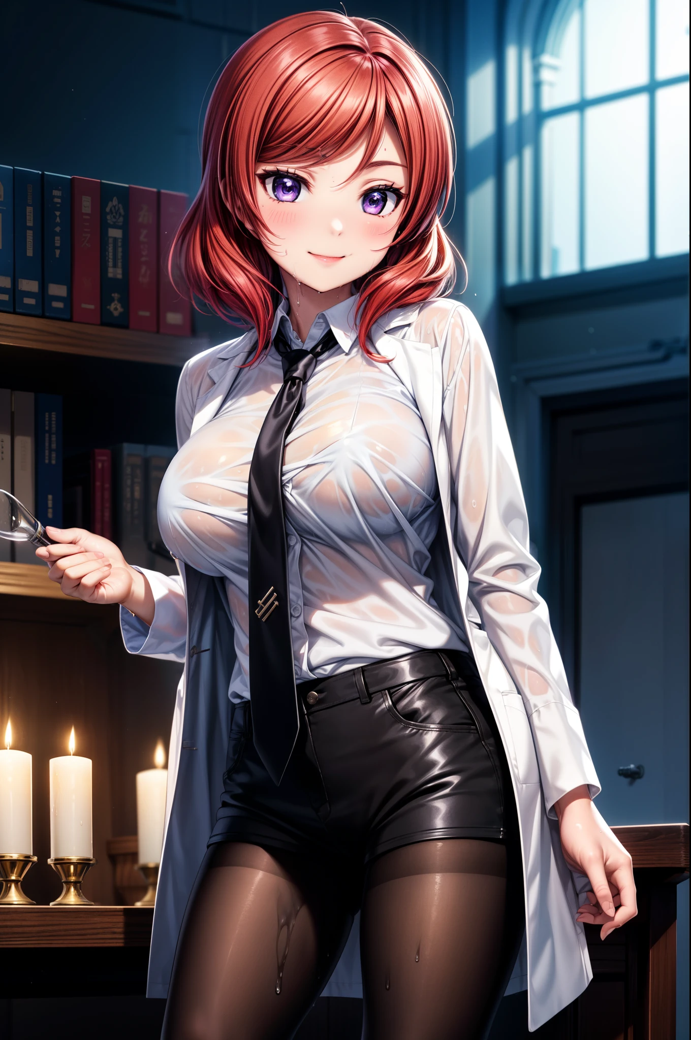Nishikino maki, Purple eyes, slightly big breasts, bangs,white shirt, short black shorts, dark brown pantyhose, necktie, opened lab coat, slightly smile, standing, dark room lightened by candlelight,wet,:P