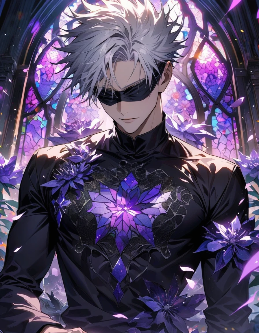 Ultra detailed, HDR, Highres, absurdres, master piece, Gojou Satoru, blindfolded eyes, white hair with bangs, Jujutsu Kaisen, patterns, black tight shirt, purple stained glass, purple ice, petals, purple ice flowers, sexy man, solo, extremely detailed face and eyes, extremely handsome, glittering, toned chest, purple glass,