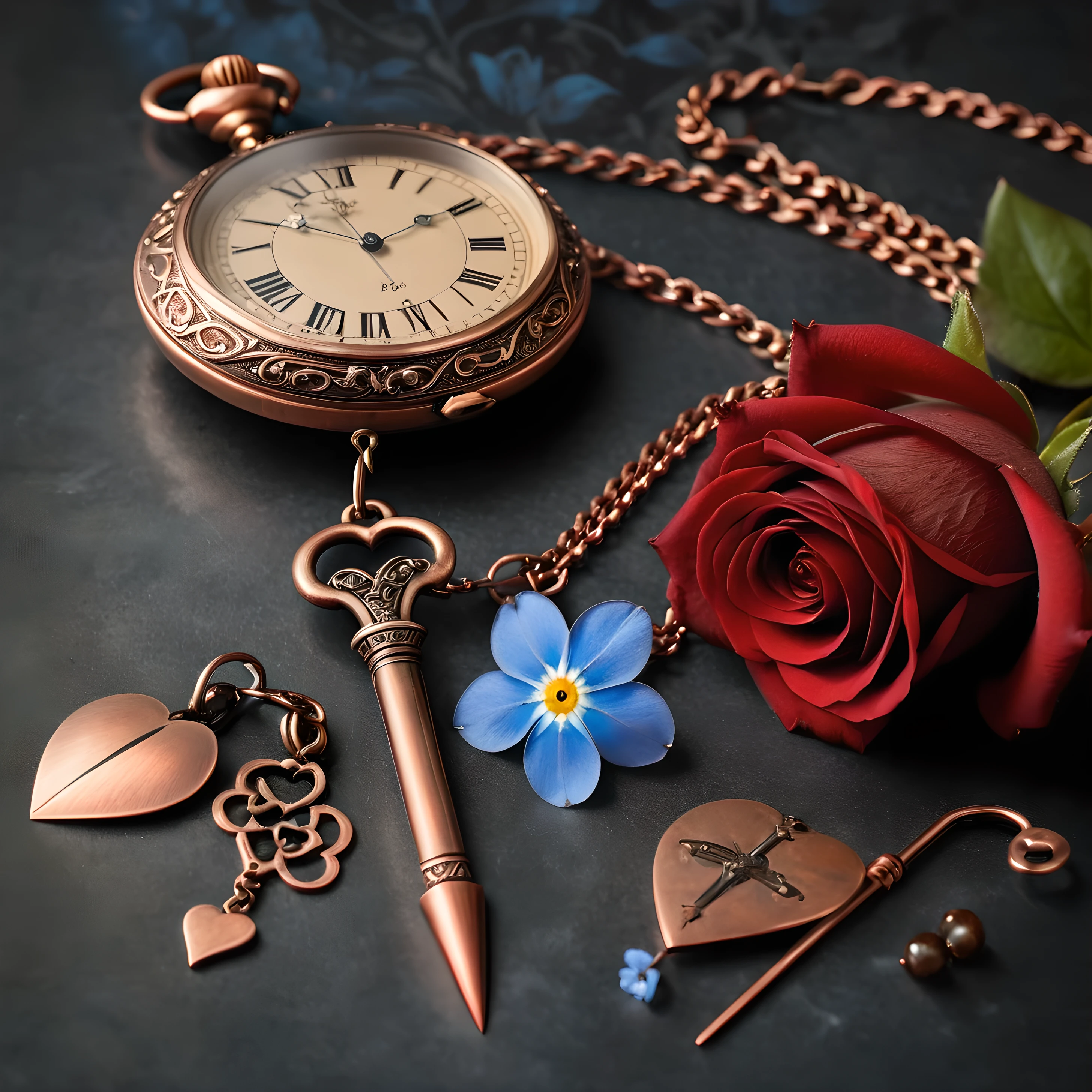 old style copper pendulum, on one side are forget-me-nots, on the other side there is one rose, pocket watch, against the background of a photograph of a woman and a drawing of an anatomical heart and drops of blood on paper, steel sharp dagger