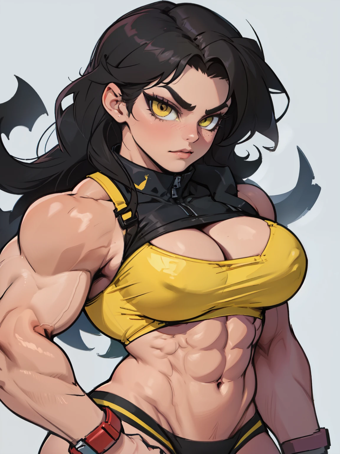 ((muscular girl toned body  thick)) yellow eyes black hair pale best quality