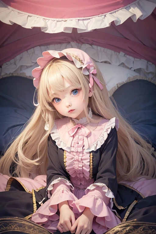 ,highest quality, masterpiece, Highest Resolution, artwork, super それにGet used to it, many Get used to it, Get used to it, それにGet used to it, 3K anime illustrations,(( 10 year old girl)),Super detailed baby face,high quality small face,blue eyes,白い肌のEuropean,pajamas, European,(((Super long blonde hair))),Curly Hair,blue eyes,((((ピンクのロリータファッションのLong skirtのワンピースドレス)))),((A pink nightgown with lots of frills and ribbons),((A luxurious nightcap with frills and ribbons)),Detailed headdress,,(((Large yoke collar))),Yoke collar with ruffles and bow,((((Long sleeve)))),Ruffle sleeves,((((Long skirt)))),White ruffle and lace socks,Large frill and ribbon pillow,(((Nice pink outfit))),豪華なCanopy bedの上,Canopy bed,The bed is surrounded by luxurious curtains.,There were a lot of frilly pillows on the bed.,There are a lot of frilly pillows behind the girl.,Highly detailed background,Detailed bed,Soft pink comforter,Very fine soft frilly pillow,Beautiful girl illustration,Beautiful face in every detail,Thinning hair,Detailed eyes ,Detailed eyess,Mouth details, Arm details,Beautiful Hands,Detailed pillow,Large bed,Illustration on the bed, ,((((Round futon)))),((((A large frilly futon that covers the entire bed)))),Detailed comforter,Detailed bedシーツ,Before bedtime,Romantic atmosphere,Palace Bedroom,((((The lower half of her body is hidden under the duvet and her puffy skirt.........)))) The girl is leaning against a pile of pillows, ,((((Round futon)))),((((A large frilly futon that covers the entire bed)))),((((No shoes)))),