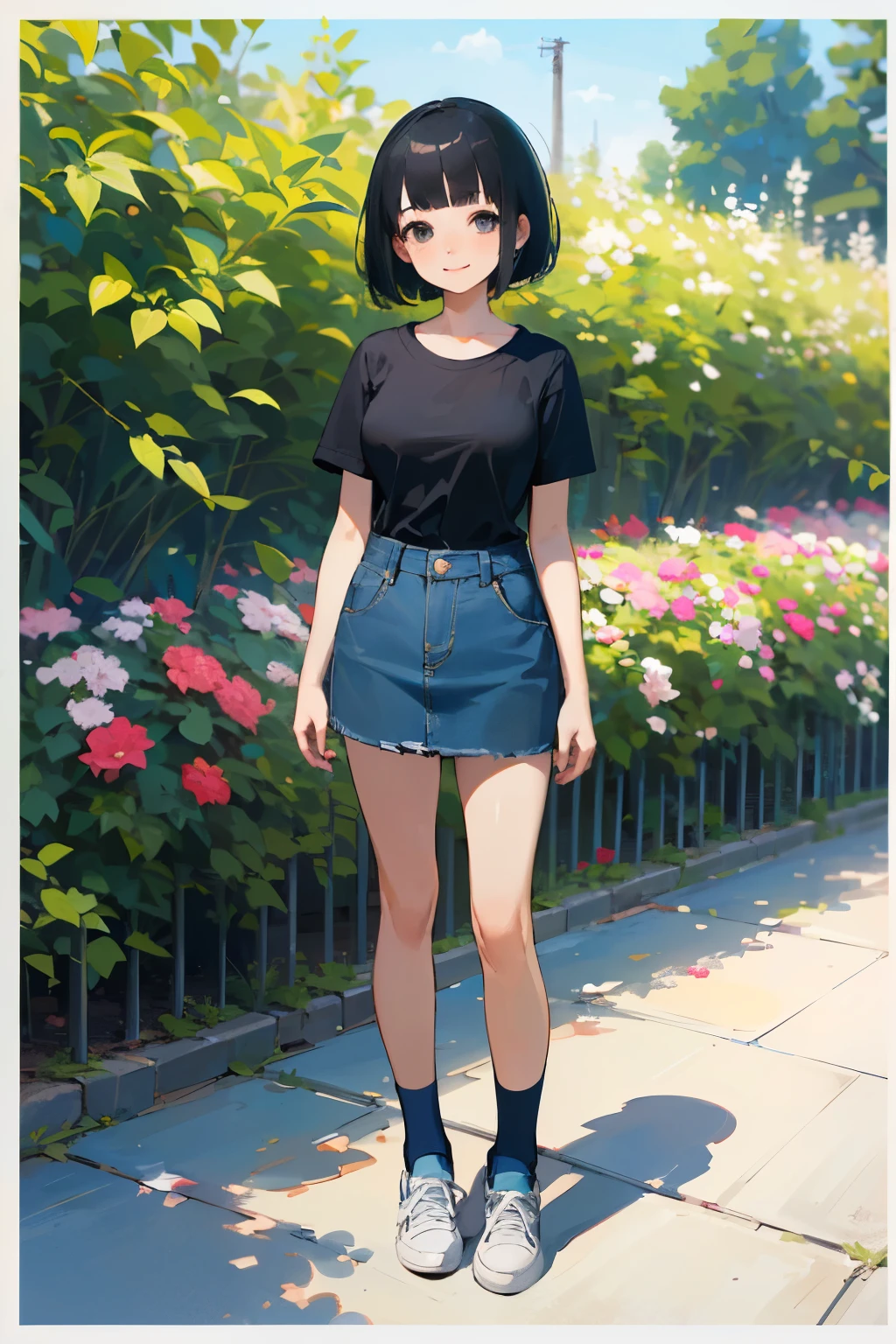 (high quality, High resolution, Very detailed, reality:1.37), Peaceful atmosphere, (Outdoor, garden), teenage girl standing alone, (my breasts are big.), Beautiful detail features, Cute Smile, (Black bob hair), Short sleeve shirt, Denim skirt, Blue socks, sneakers.