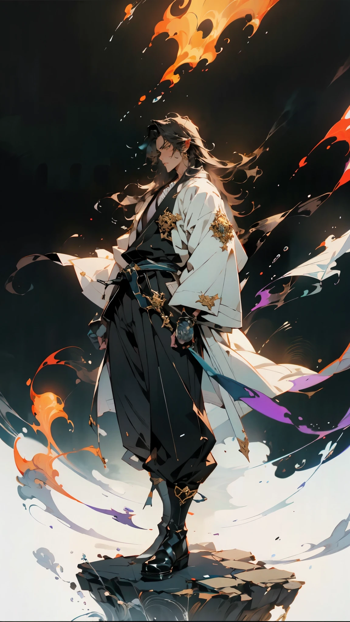 A man with medium-length teal blue long hair, middle part bangs, determined gaze, nordic ethnicity, well-defined facial features, calm expression, sturdy physique, a fantasy-style white long coat with purple-blue patterns, asymmetrical hem, a black belt, gloves, fabric trousers, leather boots, blue and red energy swirling around him, impacting the grassland with their diffused aura, this character embodies a finely crafted fantasy martial arts-style hero in anime style, exquisite and mature manga art style, high definition, best quality, highres, ultra-detailed, ultra-fine painting, extremely delicate, professional, perfect body proportions, golden ratio, anatomically correct, symmetrical face, extremely detailed eyes and face, high quality eyes, creativity, RAW photo, UHD, 32k, Natural light, cinematic lighting, masterpiece-anatomy-perfect, masterpiece:1.5