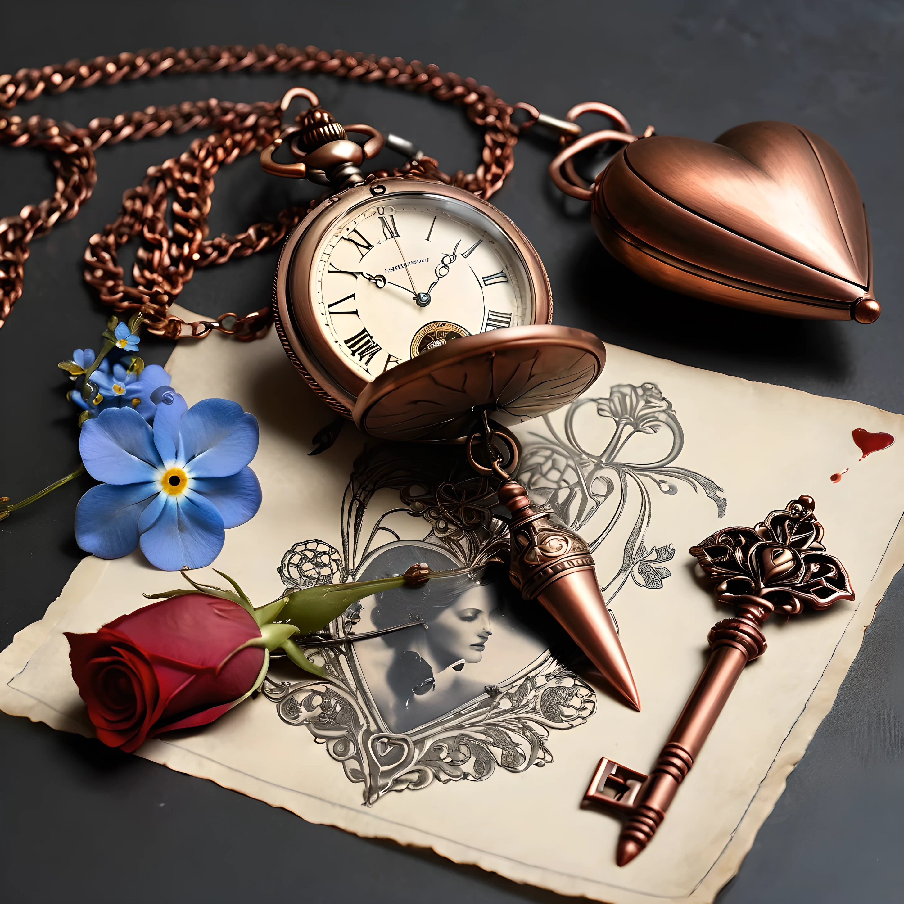 old style copper pendulum, on one side are forget-me-nots, on the other side there is one rose, pocket watch, against the background of a photograph of a woman and a drawing of an anatomical heart and drops of blood on paper, steel sharp dagger
