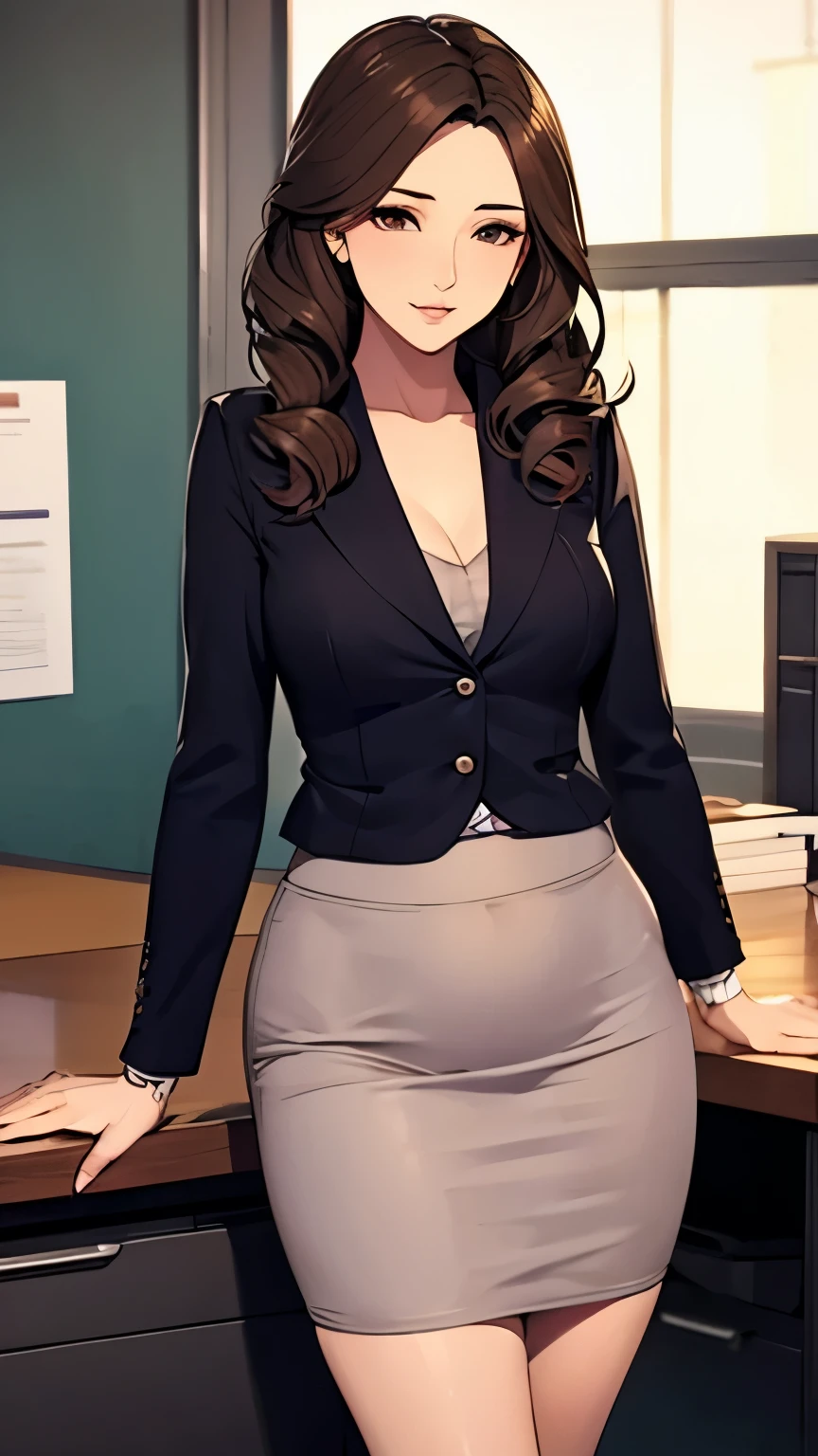 highest quality, Tabletop, Beautiful mature woman、Beautiful Face、Faint-hearted woman、Office Suits、Tight mini skirt、Brown haired、Brown eyes、Long Hair、Small eyes、Looks like a whole body、Plump body