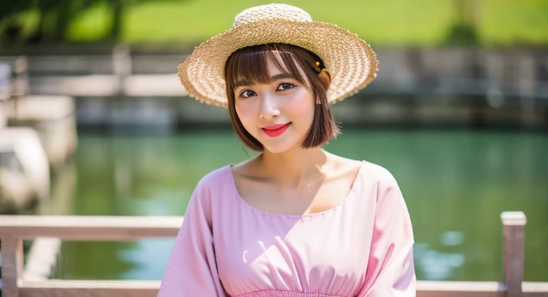 masterpiece, highest quality, Waterfront, banquet, 1 female, Mature Woman, elegant, Japanese, Ancient Japan, younger sister, Royal younger sister, Happy, Meatball Head, Light brown hair, Pink Eyes, Gorgeous hat, Light pink lips, Pink clothes, thread-like clothes, intellectual, Full Bang, Flat bangs, Flower Ball, Delicate face,Updo,young,Large Breasts,Midday greetings