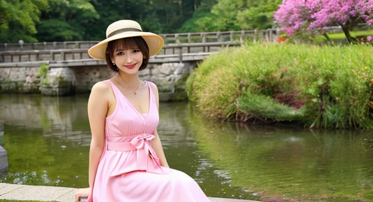 masterpiece, highest quality, Waterfront, banquet, 1 female, Mature Woman, elegant, Japanese, Ancient Japan, younger sister, Royal younger sister, Happy, Meatball Head, Light brown hair, Pink Eyes, Gorgeous hat, Light pink lips, Pink clothes, thread-like clothes, intellectual, Full Bang, Flat bangs, Flower Ball, Delicate face,Updo,young,Large Breasts,Midday greetings