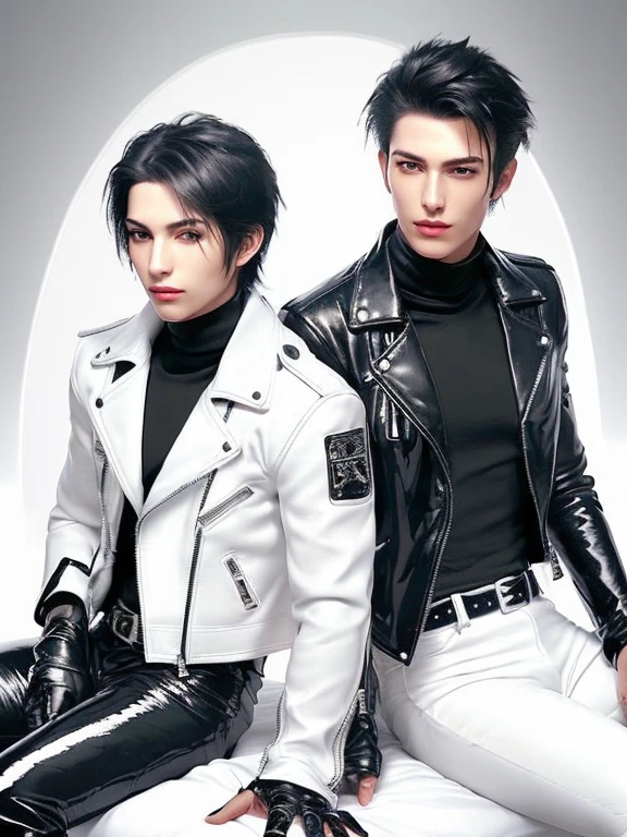Final Fantasy-style graphics, young, Cute and cool Japanese boys, Thin eyebrows and big eyes,  He is wearing a shiny white single-breasted leather jacket.........。Biker style leather jacket、 with epaulettes,  The jacket is zipped up, The jacket pockets are black., The jacket has a high stand-up collar with a belt, Also wearing a black turtleneck, Black Leather Pants, Thin black leather gloves on both hands, Black leather knee-high lace-up boots, Show me your whole body from head to toe, Final Fantasy Style、((good looking))、((good looking))、((Clear eyes and nose))、((Shiny white single leather jacket))、((The jacket must be white.))、((The jacket has epaulettes))、((Jacket has a high stand-up collar and belt))、((The jacket has a black pocket))、((Black turtleneck shirt))、((Black Leather Pants))、((Always wear shiny black leather gloves on both hands))、((Cover the entire fingers of both hands with gloves))、((Black lace-up leather long boots))、((Head-to-toe display))、Realistic image quality and texture、In a small cell、close your eyes、A kind smile、((The front of the jacket is closed with a zipper))、((No exposed skin below the neck))、((Round face)、((Short Hairstyles))、((Upright posture))、((Don&#39;t sit))