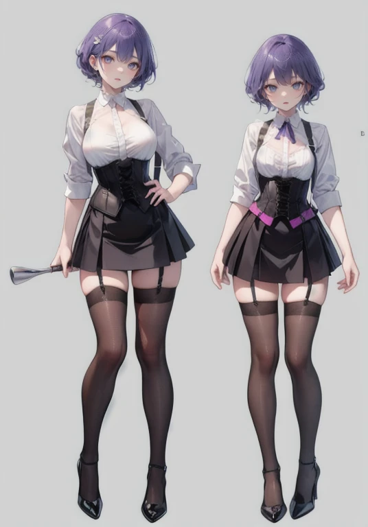 Purple Hair,Shortcuts,Adult female,(((bartender))),((Body Harness)),((Rolling up your sleevesYshirt)),(corset),mini skirt(Short skirt),((garter belt)),High heels,((Simple Background)),smile,((Full Body)),((full body)),((whole body)),Character Sheet,
