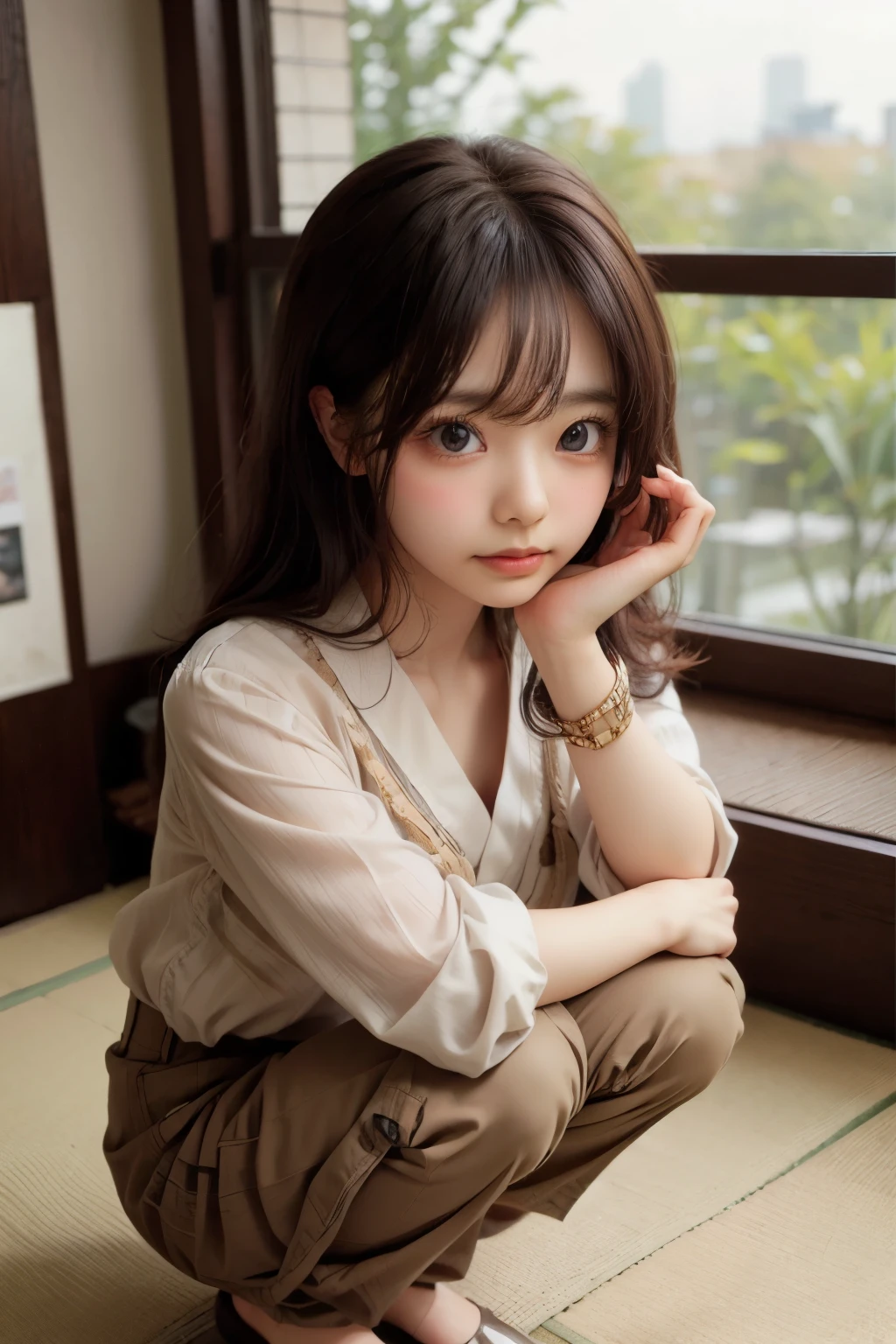((sfw: 1.4)), detailed face, cute face,brown eye, master piece , best quality, matured woman face , squatting , blouse , japanese , room , indoor