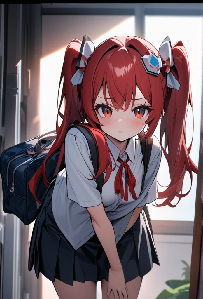 High quality, high definition, hig
h precision images,8k 1 Girl Robot Girl、red hair,Twin tails,Red eyes,Leaning forward Head decoration、School stuff,have a student bag,robot style red and white barrette