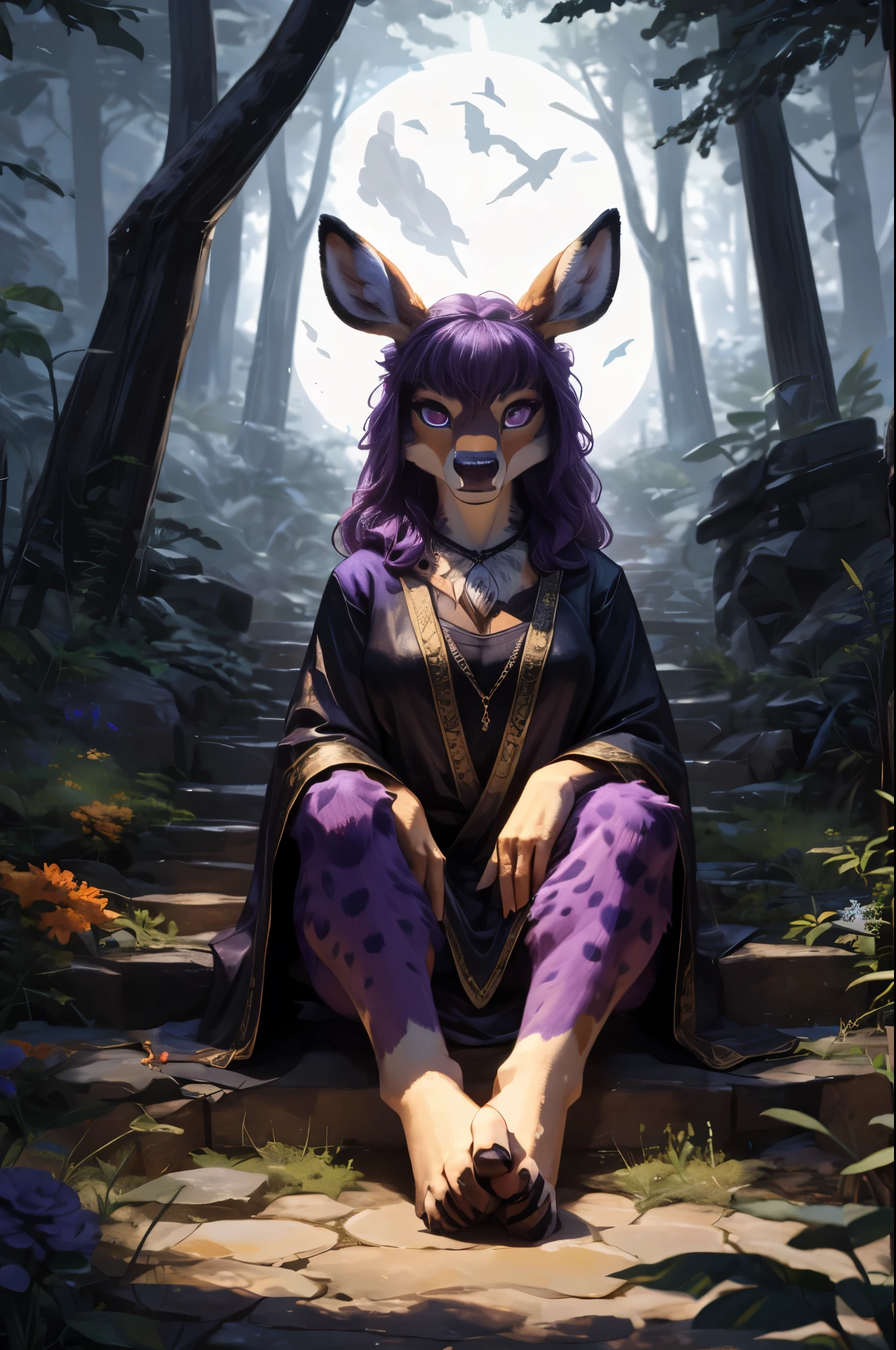 (((Barefoot furry character, full body, cinematic setting, furry female, plantigrade))), ((deeply hypnotised and extremelly drooling deer)) anthro with deep ((purple fur)), (wide open mouth) and glowing ((violet eyes)) in trance. Dressed in flowing, dark robes with belladonna flower motifs. The figure sits barefoot with crossed legs and showing ((nice feet soles)) in a moonlit forest surrounded by eerie nightshade plants, with ripe berries and ethereal moonlight casting shadows. The atmosphere evokes mystery and danger. BREAK, detailed background, 8K, (masterpiece:1.5), intricate details, highly detailed, extreme detail, octane render, fine art, best quality, highres, (detailed face:1.5), ((full_body)), UHD, (((perfect hands))), low light, (((SFW))), (((perfect feet)))