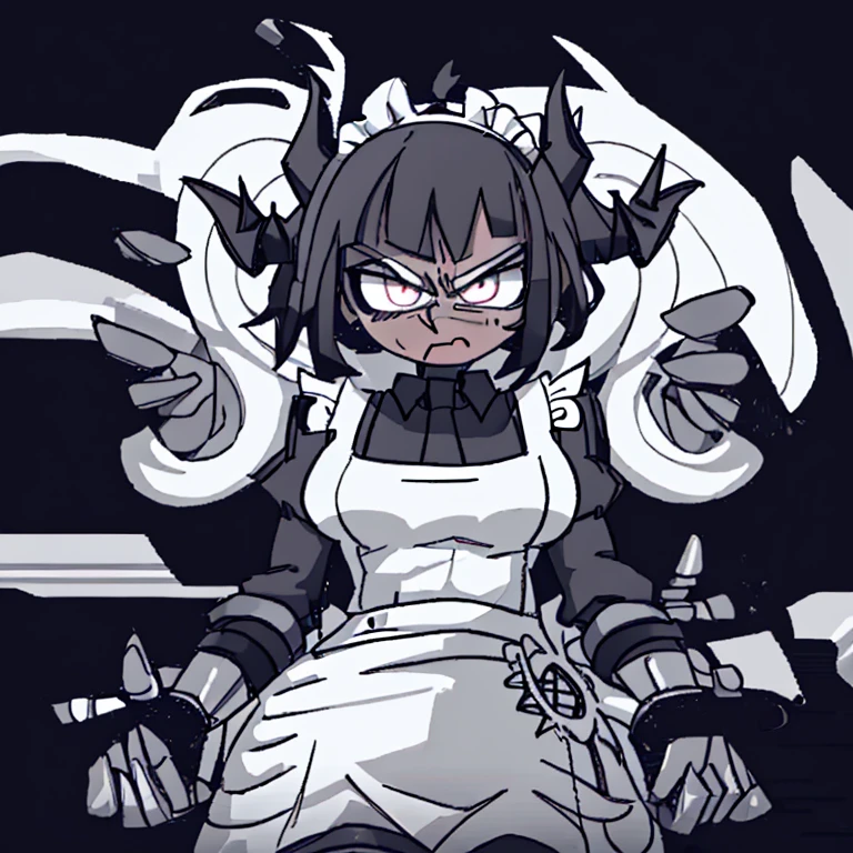 Ojos negros, chica joven de pelo negro atado, very angry she holds two guns and is dressed as a maid