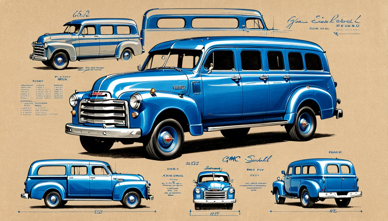 monochrome pencil drawing ,blueprint ,1952 GMC Suburban CarryAll, on kraft paper, highly detailed