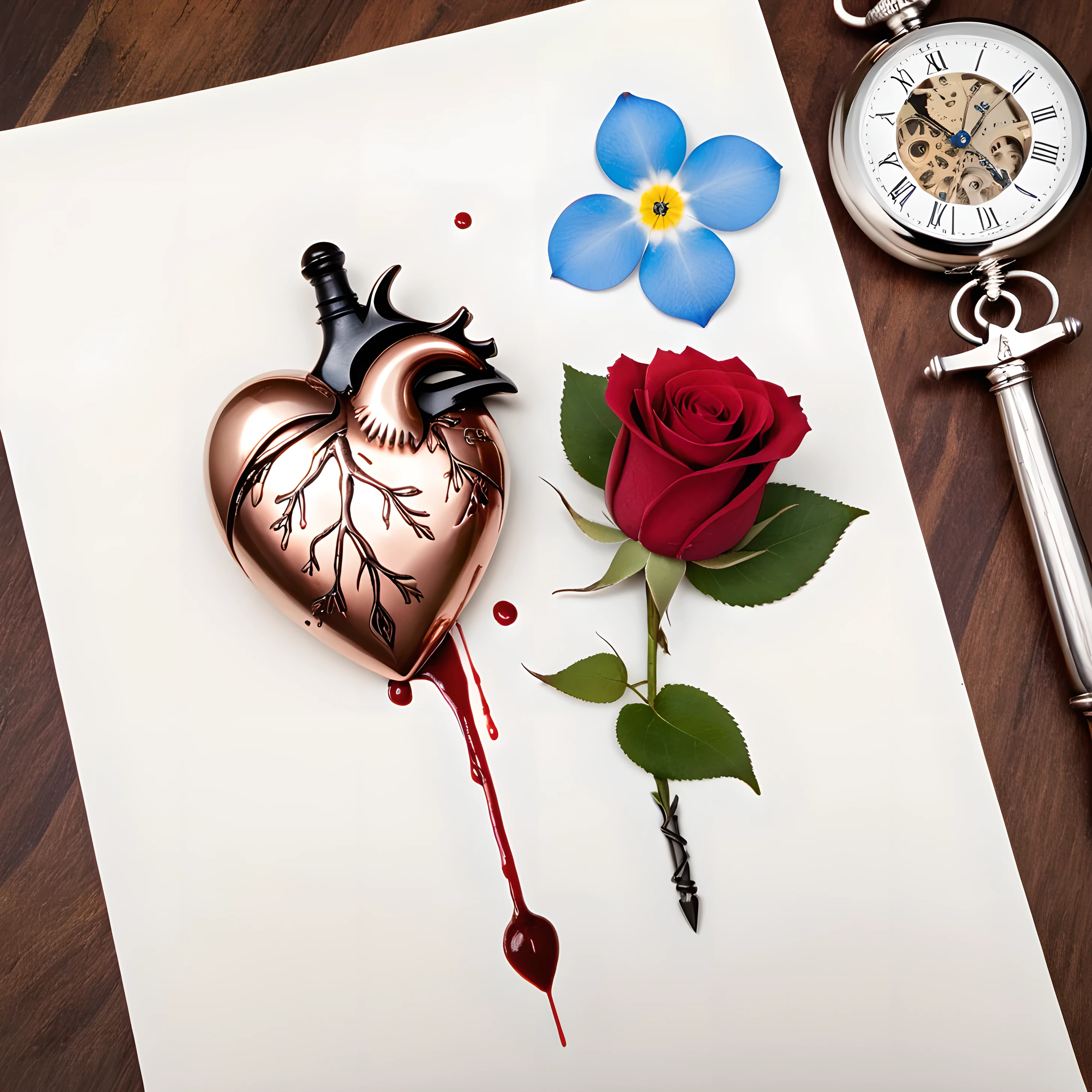 old style copper pendulum, on one side are forget-me-nots, on the other side there is one rose, pocket watch, against the background of a photograph of a woman and a drawing of an anatomical heart and drops of blood on paper, steel sharp dagger