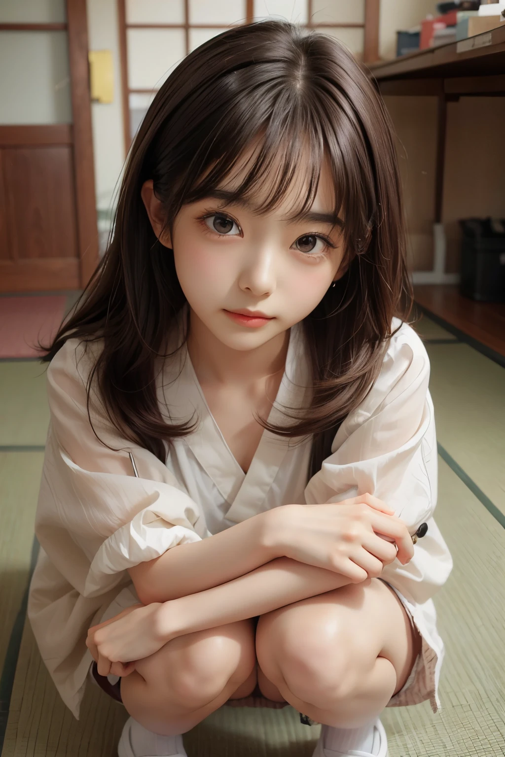 ((sfw: 1.4)), detailed face, cute face,brown eye, master piece , best quality, matured woman face , squatting , blouse , japanese , room , indoor