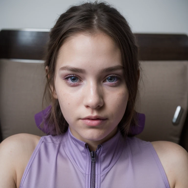 photo of a college student, in Purple Pink, futuristic space suit, (freckles:0.8) cute face, sci-fi, dystopian, detailed eyes, Heterochromia eyes