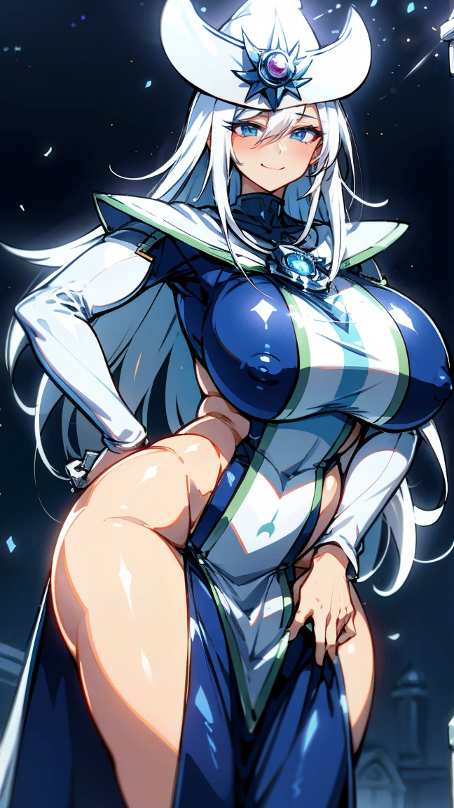 Silent magician, ropa apretada, poca piel visible, (( ruborizada, sonrisa)), pelo largo, cabello blanco, (( white hair)), sombrero blanco, Skinny body, chubby girl, big sagging breast , monstruo de duelo, Iparuputsua, de pie en la entrada de un castillo, magic world background, mundo medieval .