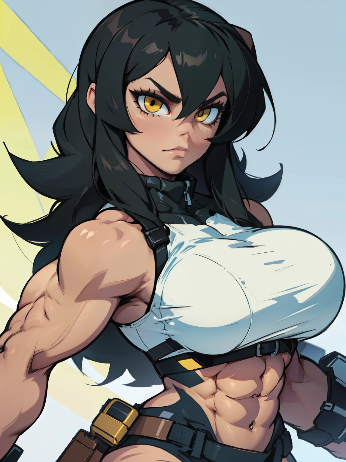 ((muscular girl toned body large breasts thick)) yellow eyes black hair pale best quality
