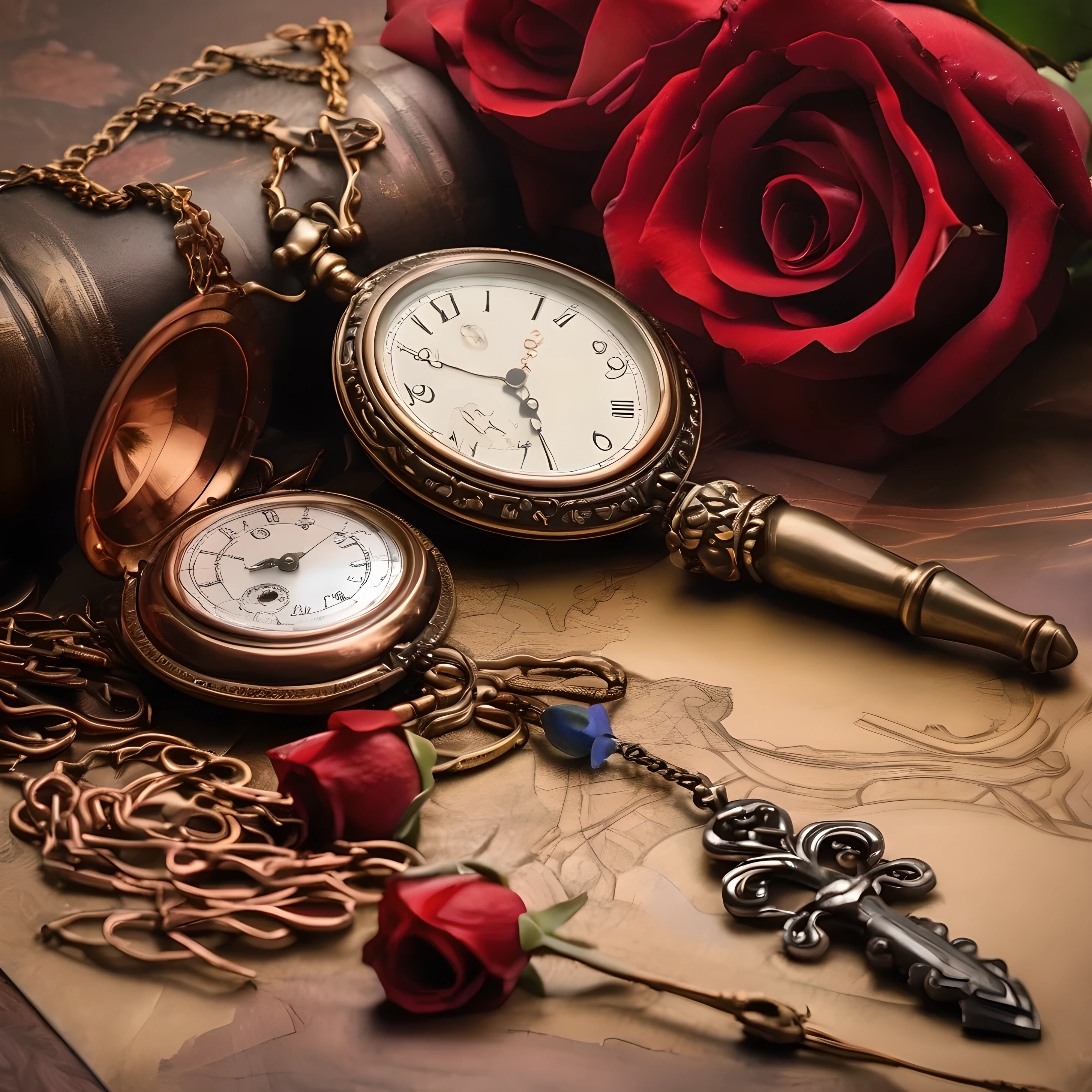 old style copper pendulum, on one side are forget-me-nots, on the other side there is one rose, pocket watch, against the background of a photograph of a woman and a drawing of an anatomical heart and drops of blood on paper, steel sharp dagger