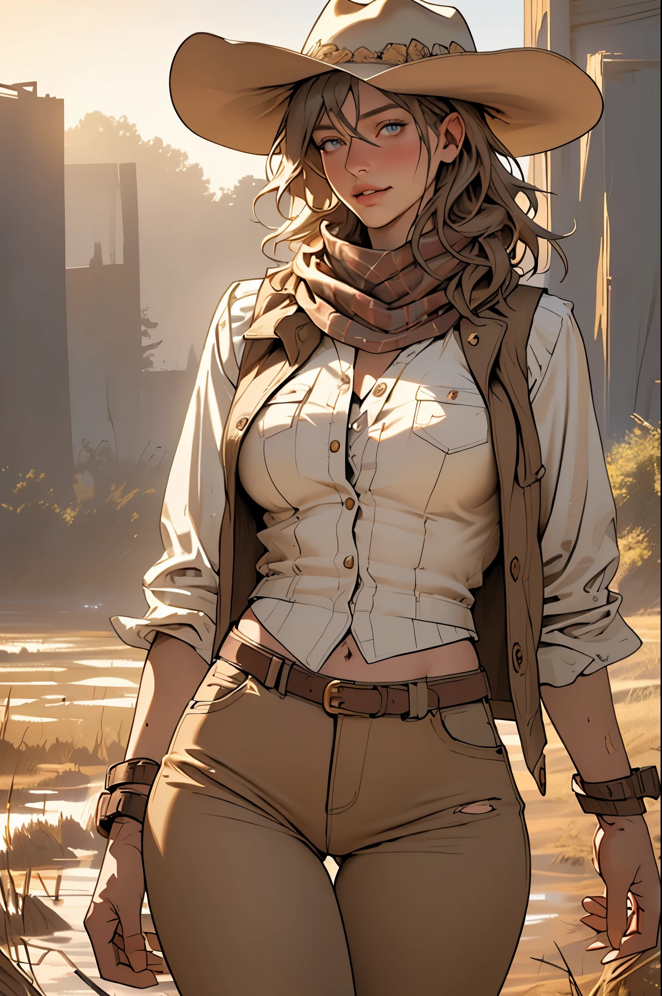 (highest quality, Super detailed, realistic:1.37), outdoor, girl, muddy, detailed and beautiful eyes, beautiful detailed lips, cowboy hat, vest with fringes, slim waist, slender thighs, thigh gap, show belly, pants, scarf, With confidence, middle of chest, dusty farm landscape, golden hour lighting